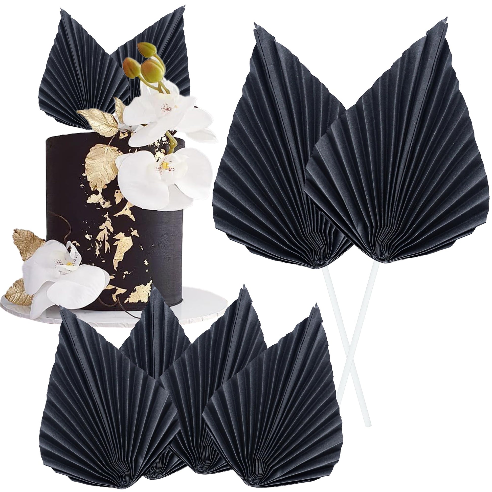 Gyufise Paper Palm Fan Cake Toppers, Black, 4.7 x 5.1, Model ZN0680-7, 6 Pcs for Birthday & Wedding Party Decorations
