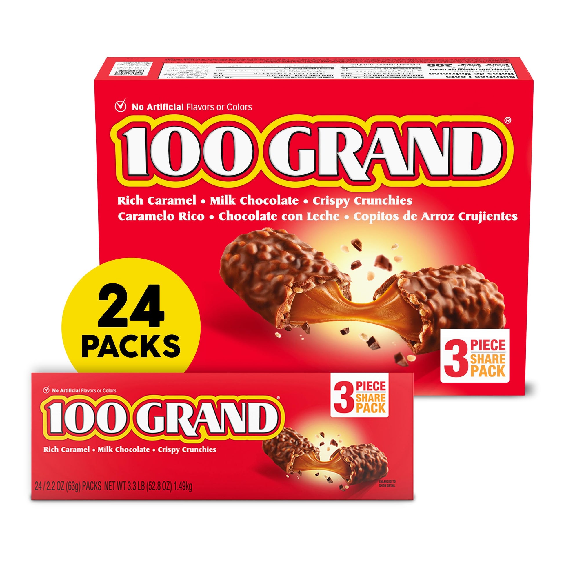 100 Grand Crispy Milk Chocolate With Caramel, Share Size Individually Wrapped Candy Bars, 2.2 Oz Each, Bulk 24 Count Box