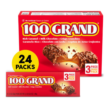 100 Grand Crispy Milk Chocolate With Caramel, Share Size Individually Wrapped Candy Bars, 2.2 Oz Each, Bulk 24 Count Box