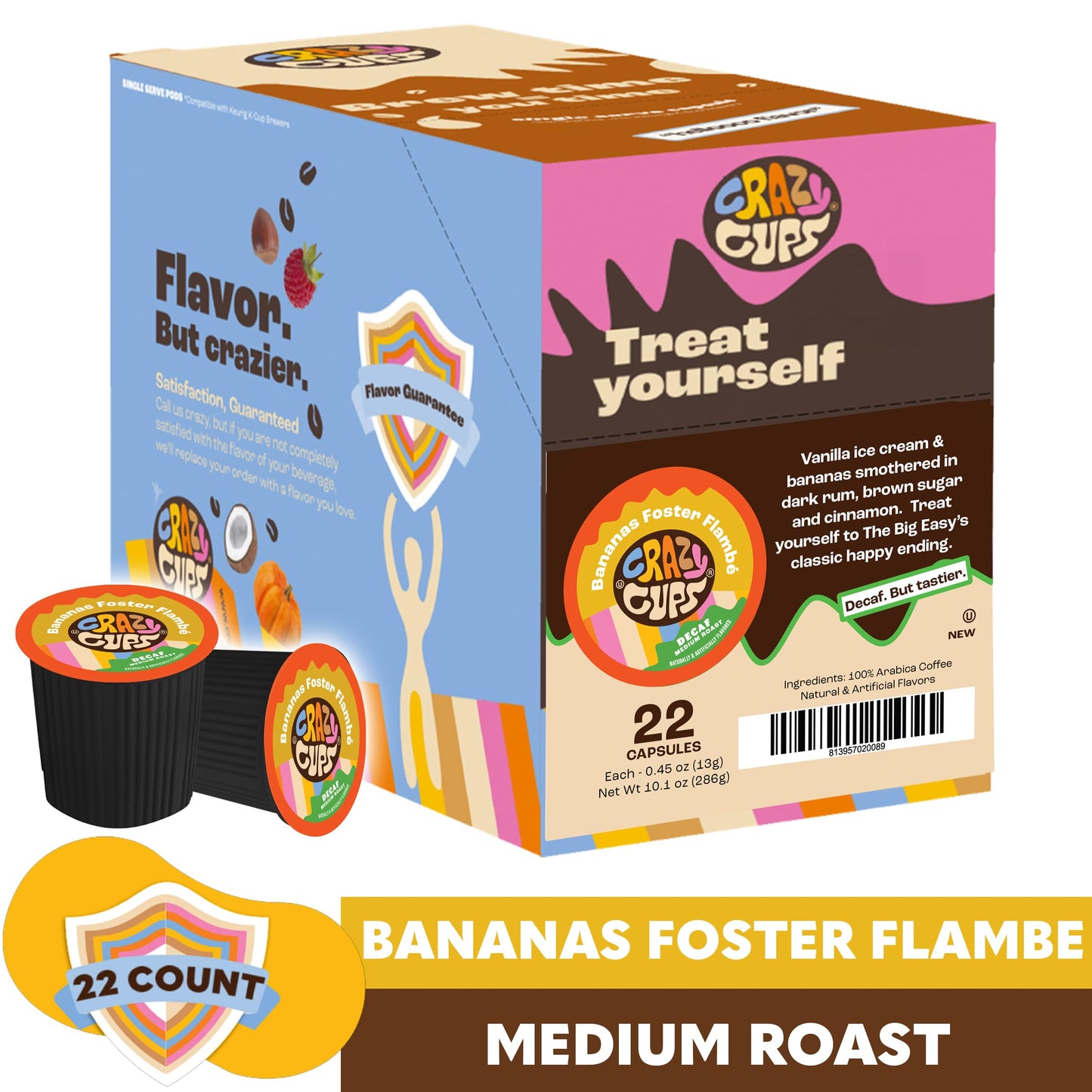 Crazy Cups Decaf Banana Coffee Pods, Bananas Foster Flavor, Medium Roast, 22 Count for Keurig K Cups