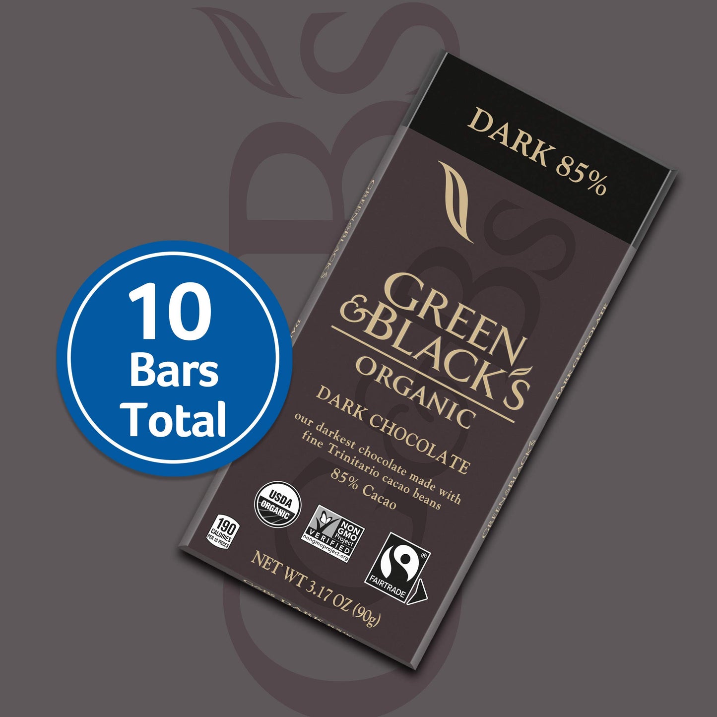 Green & Blacks Organic Dark Chocolate Bar, 85% Cacao, 3.17 oz, Pack of 10