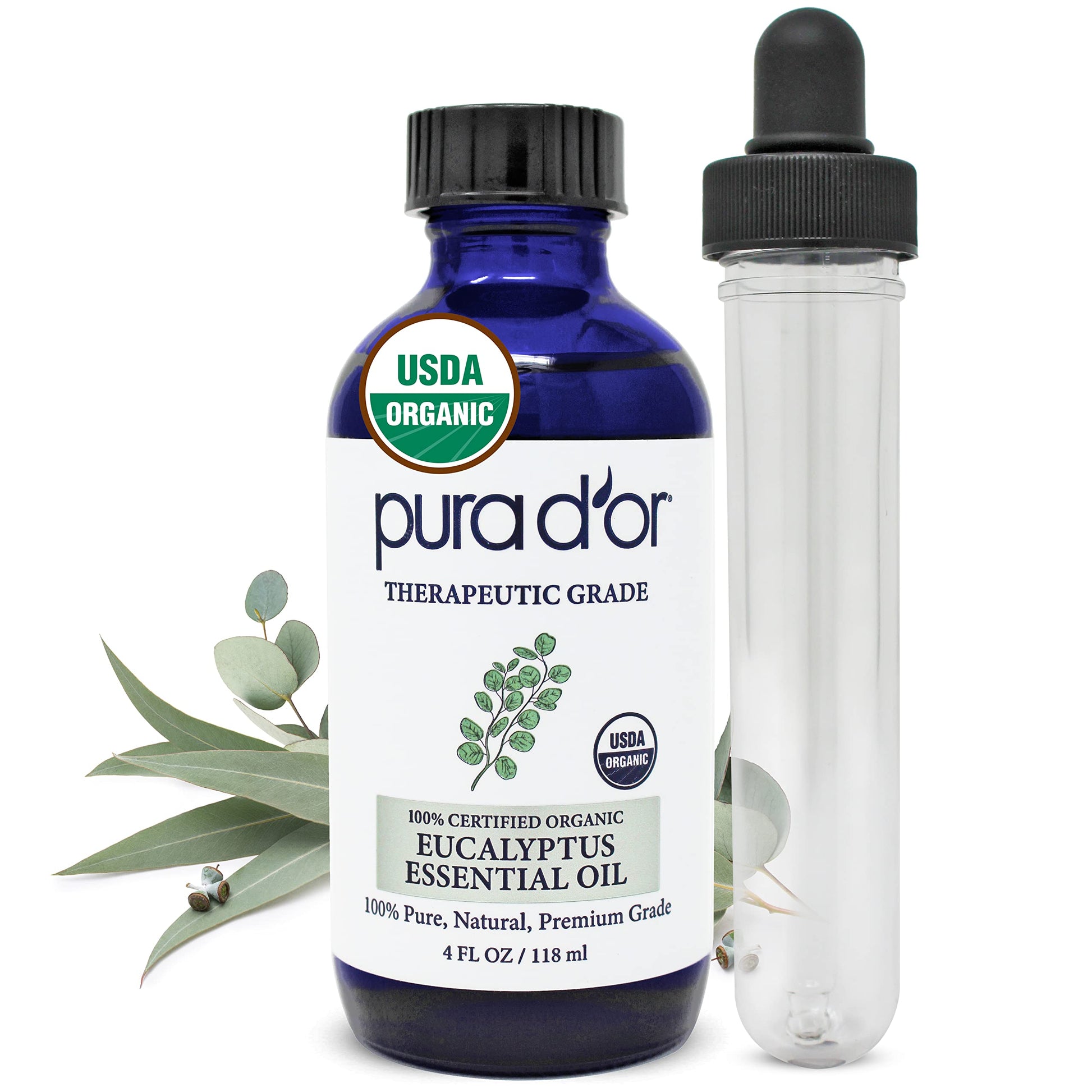 Pura D'Or Organic Eucalyptus Essential Oil (4Oz With Glass Dropper) 100% Pure & Natural Therapeutic Grade For Hair, Body, Skin, 