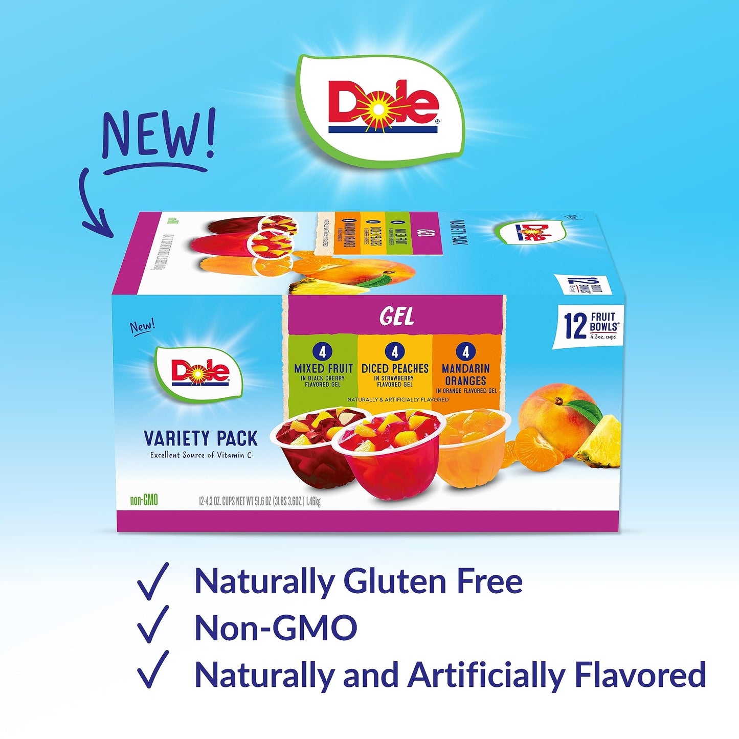 Dole Fruit Bowls In Gel Variety Pack Snacks, Peaches, Mixed Fruit, Mandarin Oranges, 4Oz 12 Total Cups, Gluten & Dairy Free, Bul