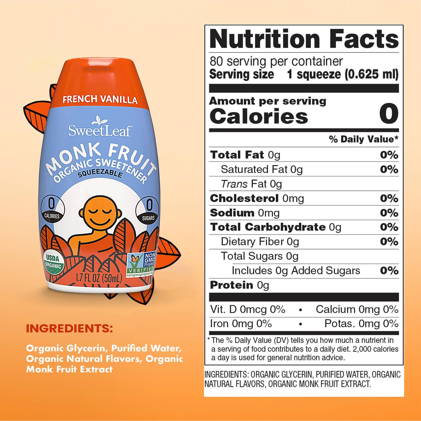 SweetLeaf Organic Monk Fruit Liquid Sweetener, French Vanilla Flavor, 1.7 Ounce