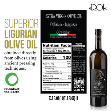 ROI Ligurian Italian Extra Virgin Olive Oil - First Cold Pressed EVOO Cultivar Ogliarola-Taggiasca Ligurian Olives - Polyphenol