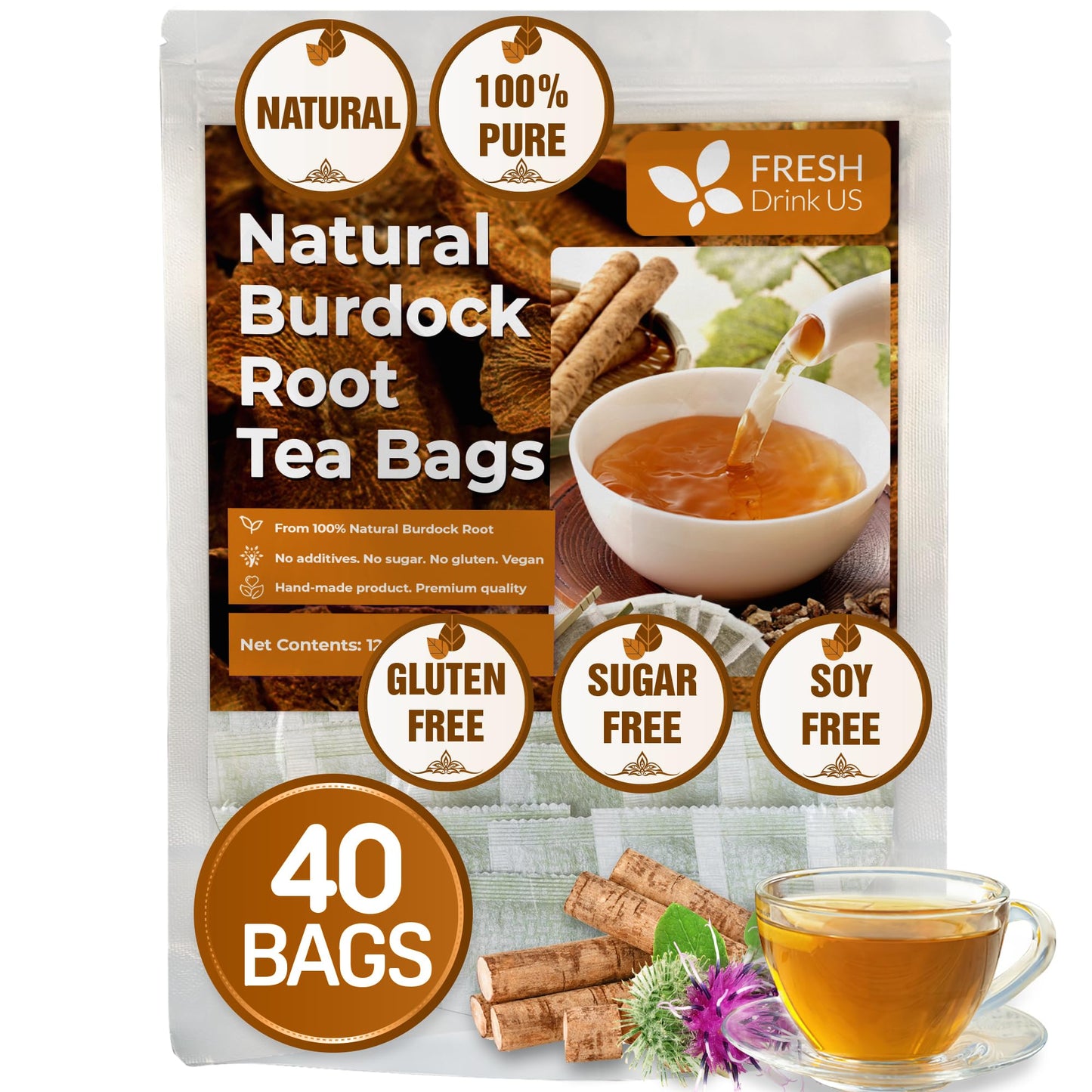 FRESHDRINKUS Burdock Root Tea Bags, 100% Natural, Vegan, 40 Tea Bags
