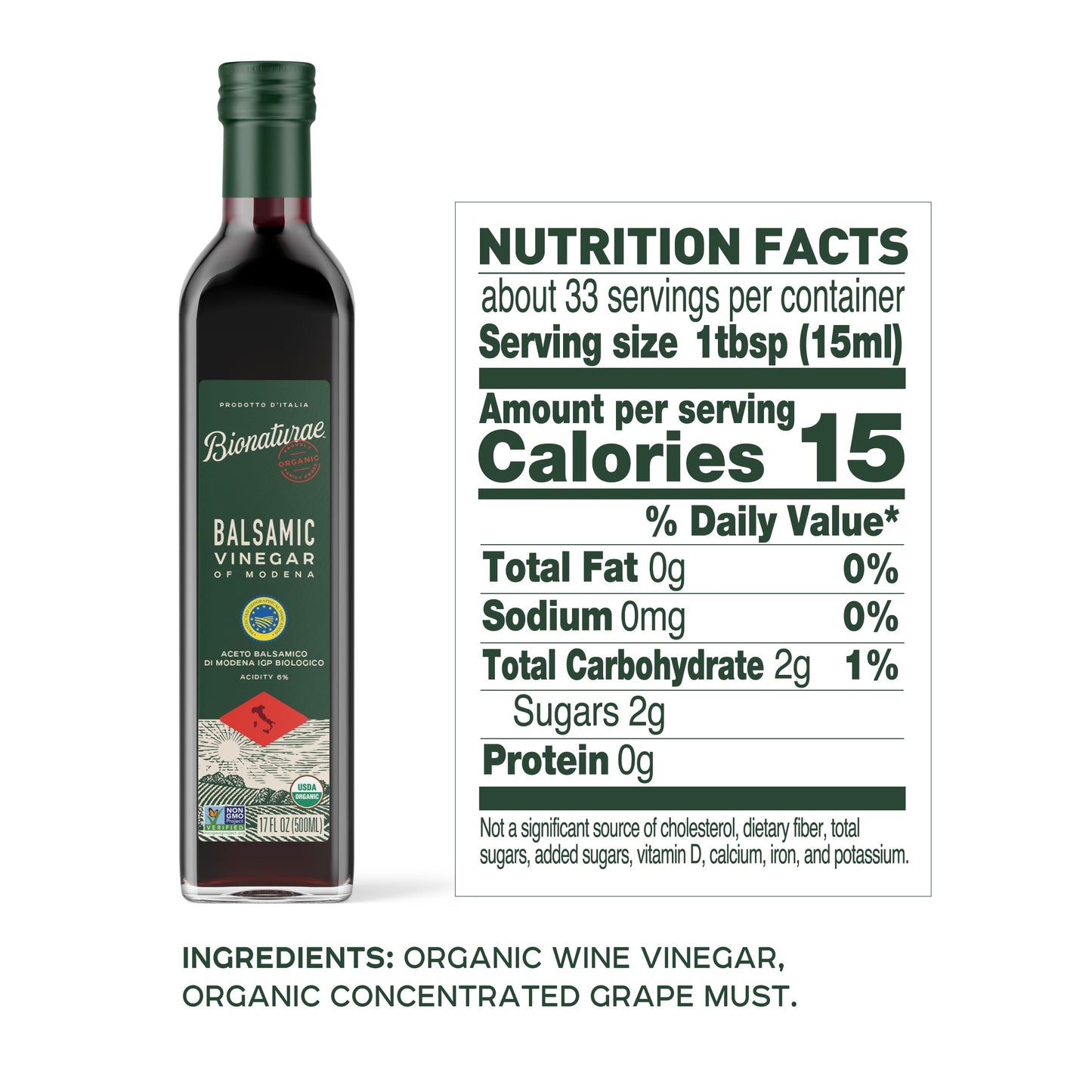 Bionaturae Organic Balsamic Vinegar, Acidity 6%, 17 Fl Oz, USDA Certified, Recyclable Glass