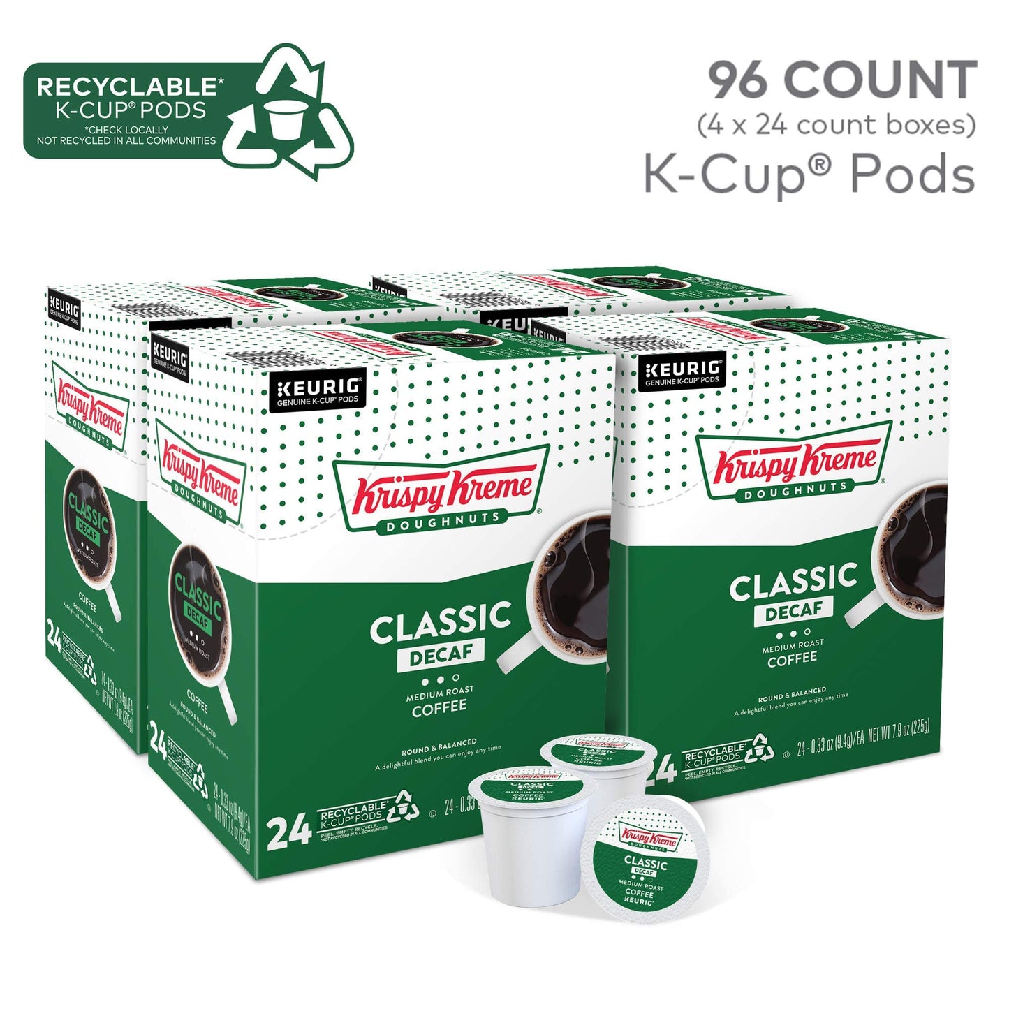 Krispy Kreme Classic Decaf Coffee, Keurig Single Serve K-Cup Pods, 96 Count (4 Packs Of 24)