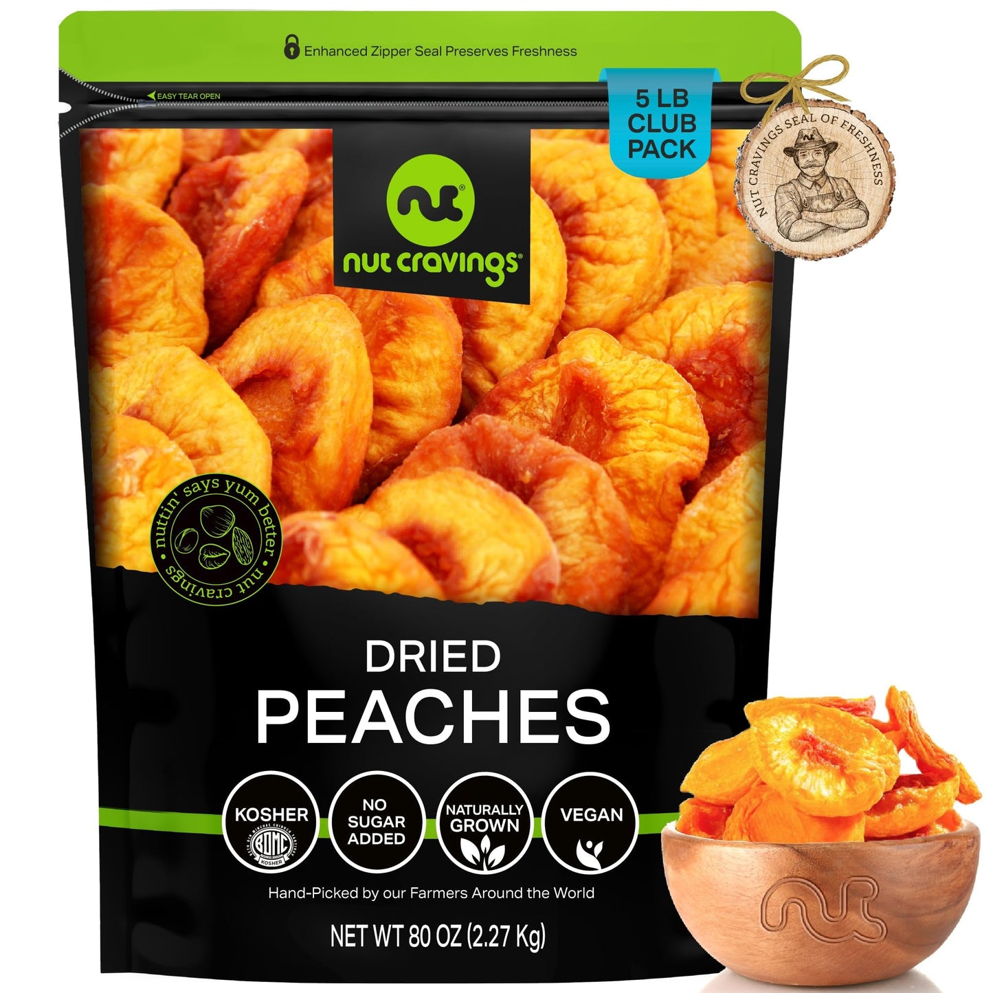 Nut Cravings - Sun Dried California Peaches  No Sugar Added  Unsweetened (80Oz  5 Lb) Bulk Dry Fruits Packed Fresh In Resealable Bag - Sweet Healthy Snack  Naturally Grown  Vegan  Kosher