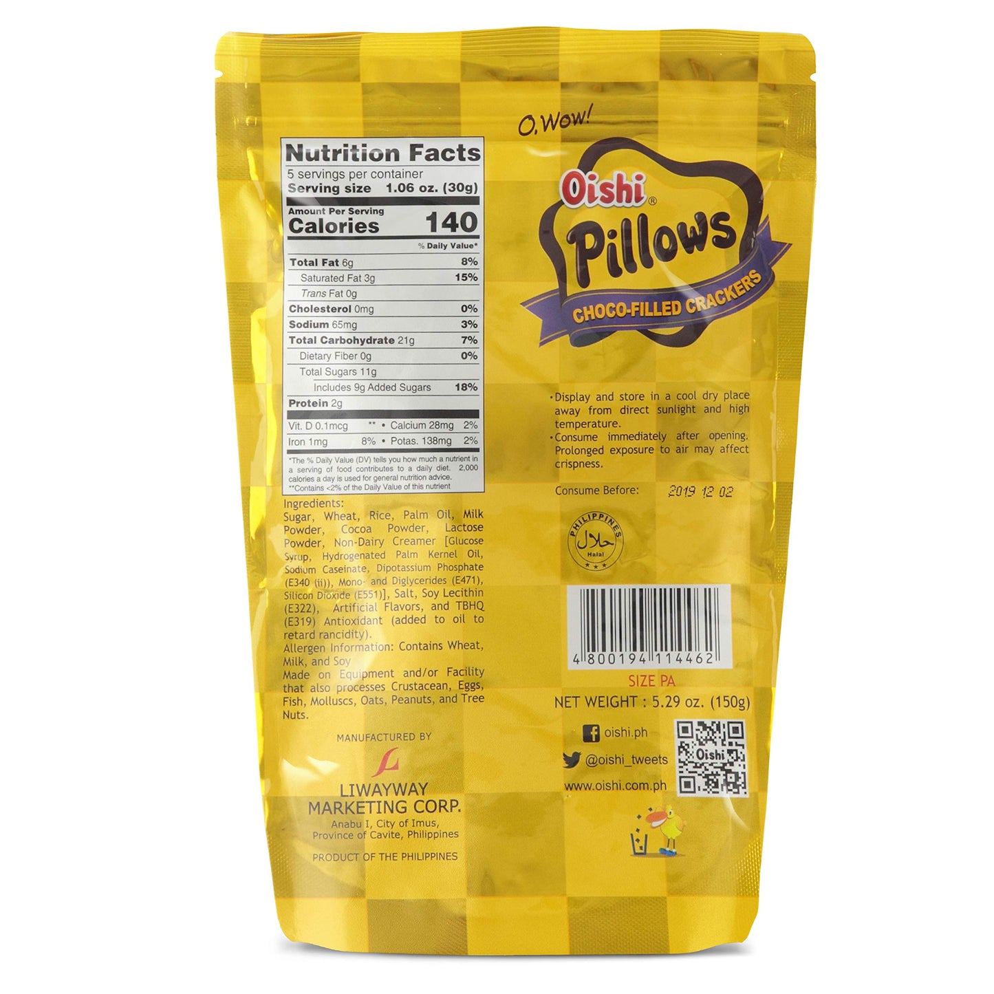 Oishi Pilows Choco-Filled Crackers Party Size, 5.29 Oz, 4 Packs