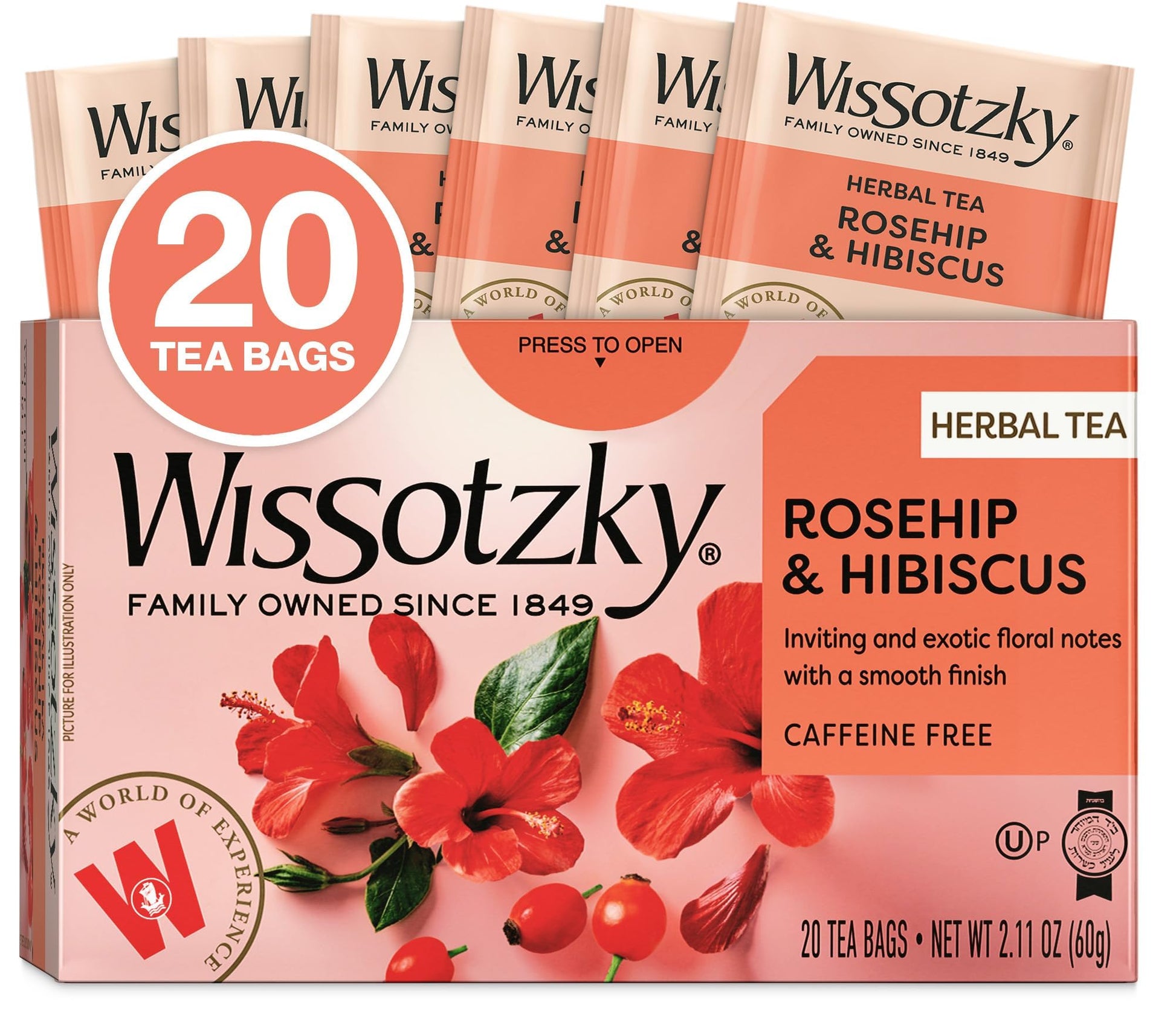 Wissotzky Herbal Tea, Rosehip & Hibiscus, Caffeine Free, 20 Tea Bags, 1 Pack