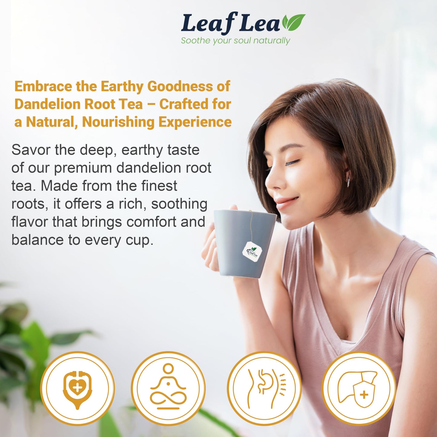 LeafLea Dandelion Root Tea Bags, Caffeine-Free & Sugar-Free, 120 Bags (Pack of 3), Natural Herbal Tea for Digestion, Vegan