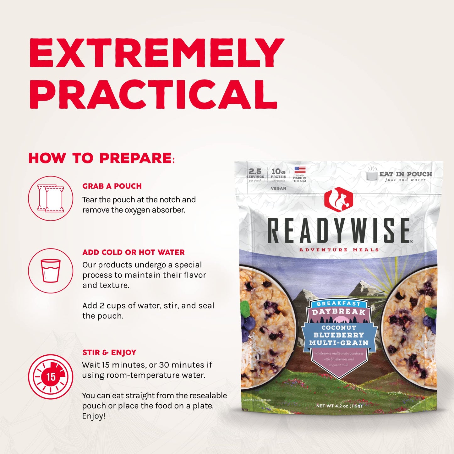 Readywise Outdoor Coconut Blueberry Multi-Grain, 2.5 Servings – Freeze-Dried Mre For Emergency Preparedness, Survival Food, Backpacking, Camping, Hiking, Long-Term Storage, And Disaster Readiness