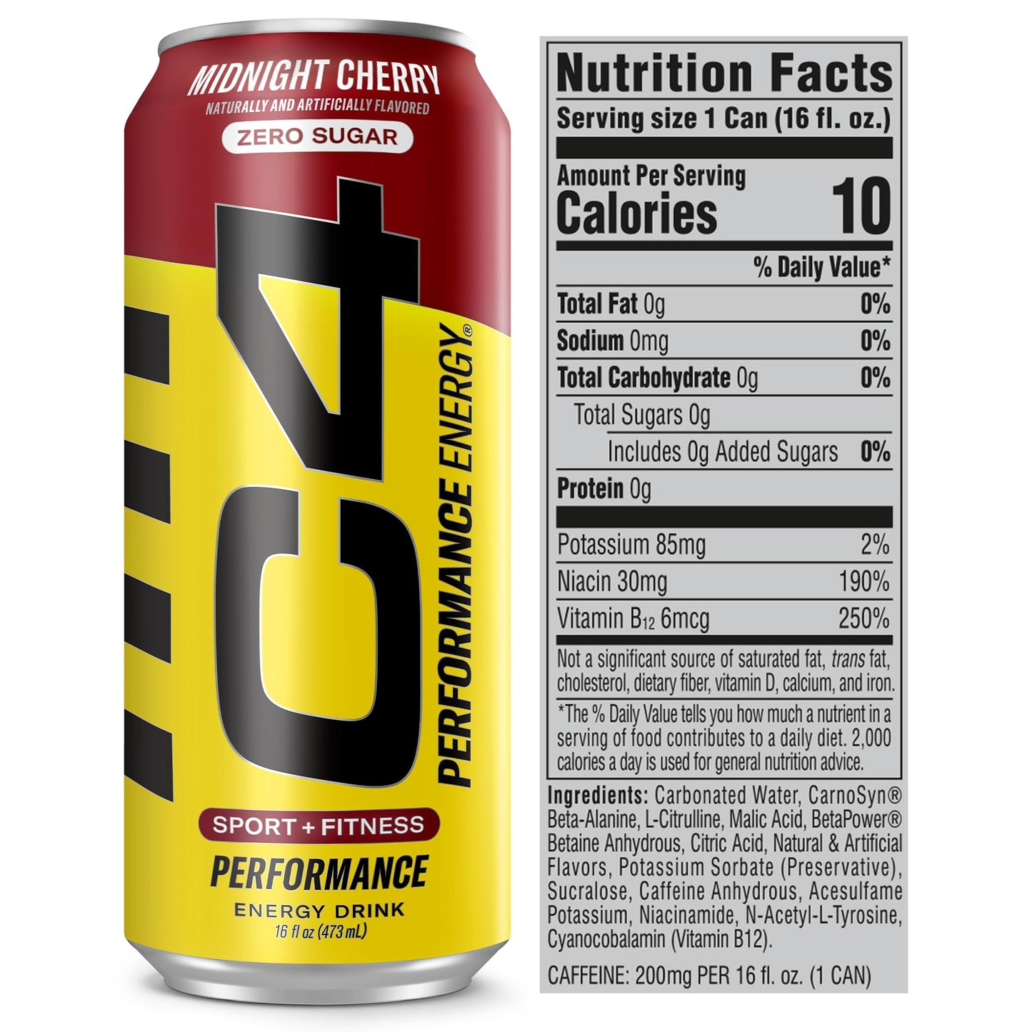Cellucor C4 Energy Drink, Carbonated Zero Sugar, Pre Workout, Beta Alanine, Midnight Cherry, 16 Fl Oz, Pack of 12