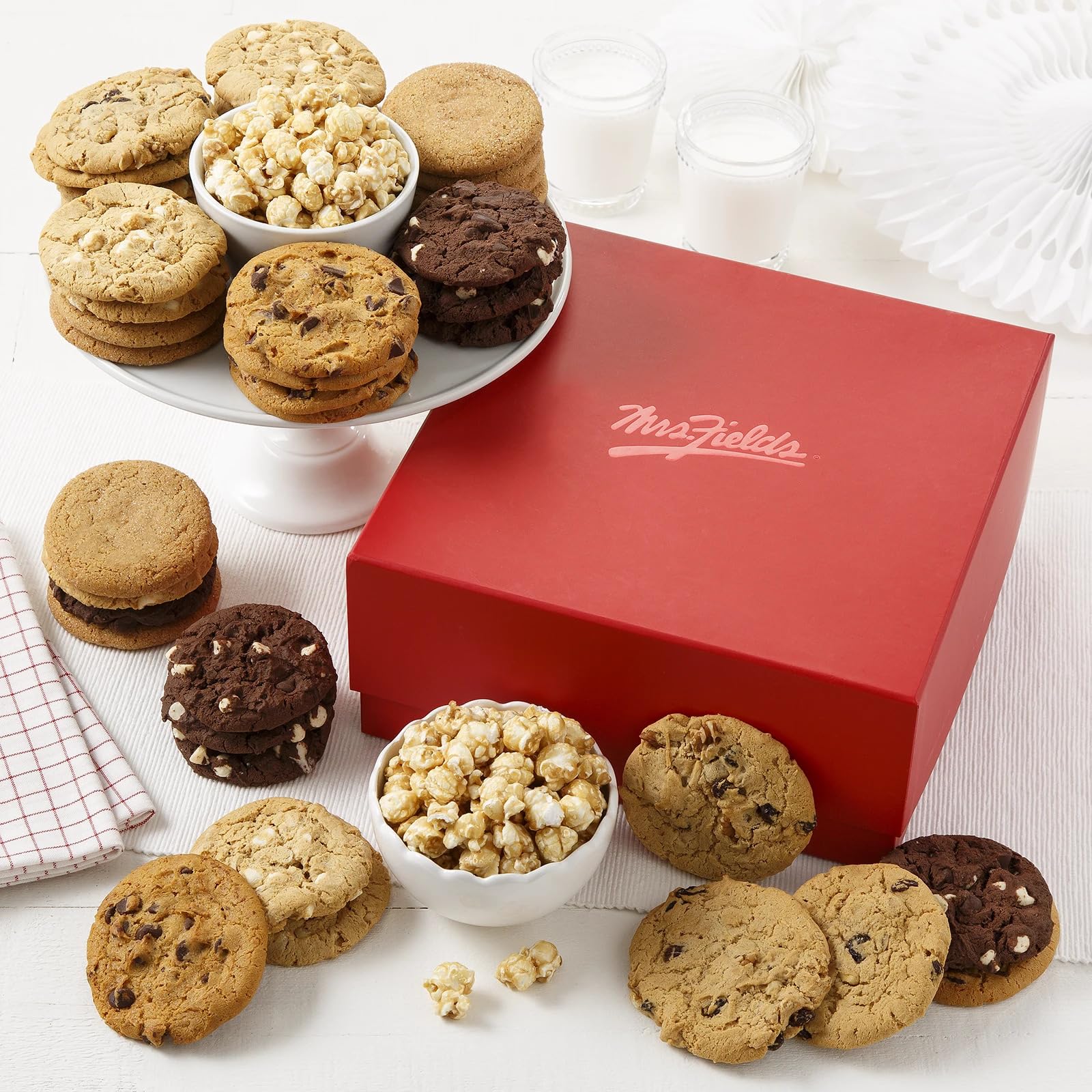 Mrs. Fields Cookie Combo Box - 38 Original Cookies & 2 Bags Toffee Nut Popcorn - Large Assorted Treats