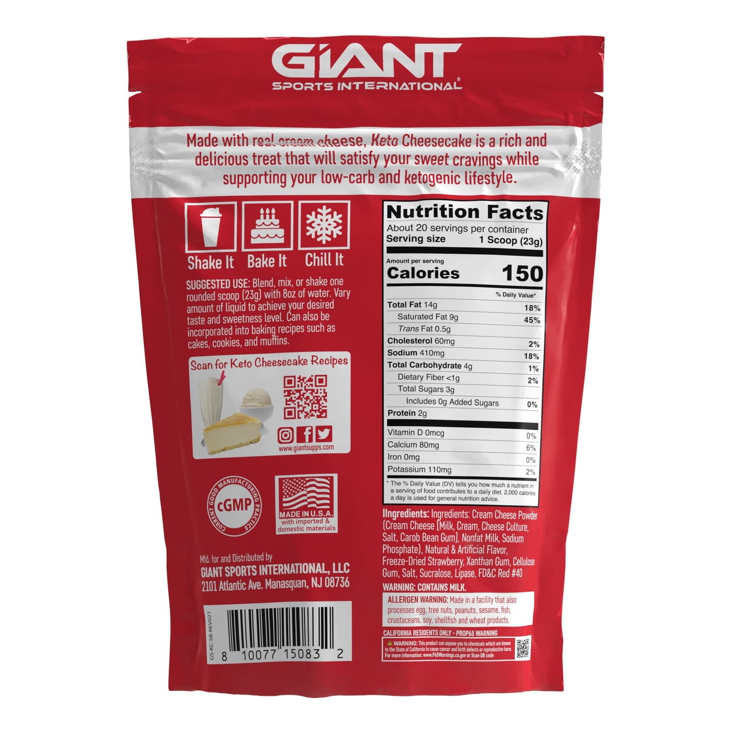 Giant Sports Keto Cheesecake Shake Mix - Low Carb Powder - 16.6 oz - Gluten Free - Strawberry Flavor