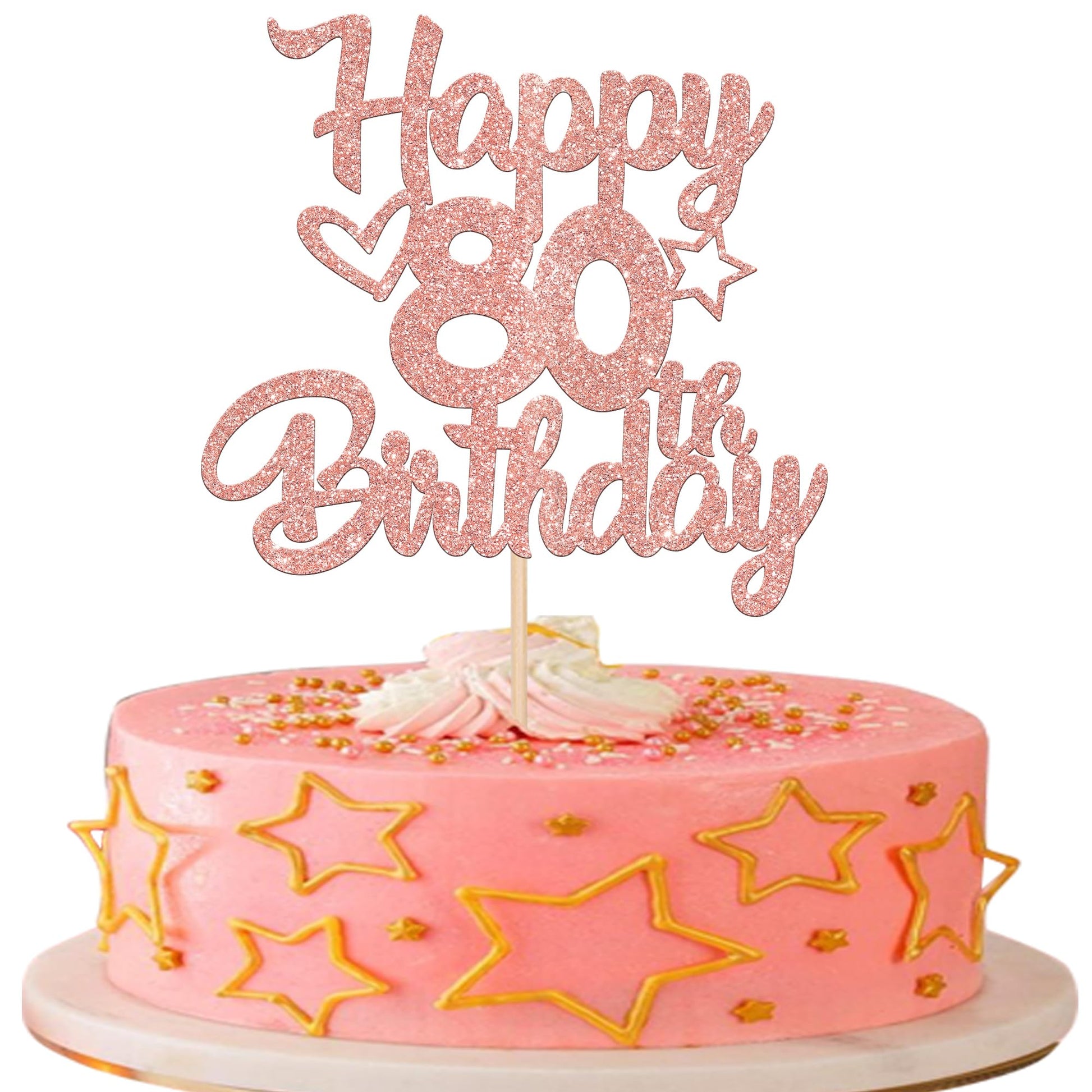 YCTHUNFISH 80th Birthday Cake Topper Glitter Heart Star Rose Gold Bamboo Decoration