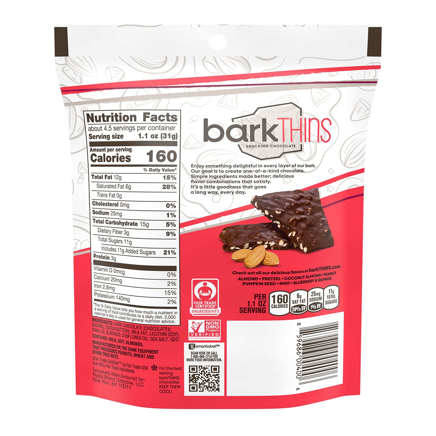 Barkthins Dark Chocolate, Almond And Sea Salt Snacking Chocolate Bags, 4.7 Oz (6 Count)