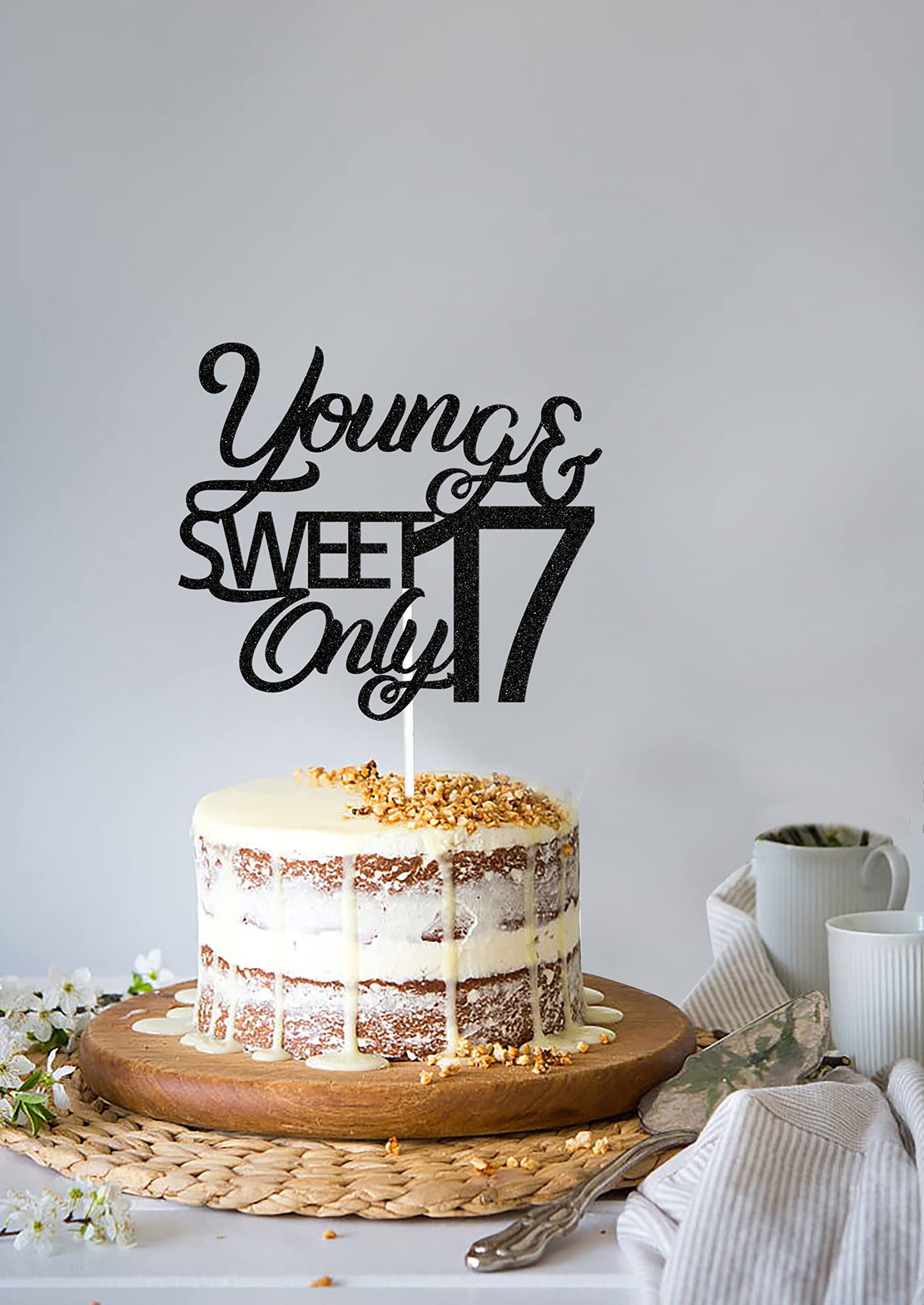 Mi Bautizo Cake Topper for 17th Birthday, Black Paper Decoration, Young and Sweet Only 17 Design