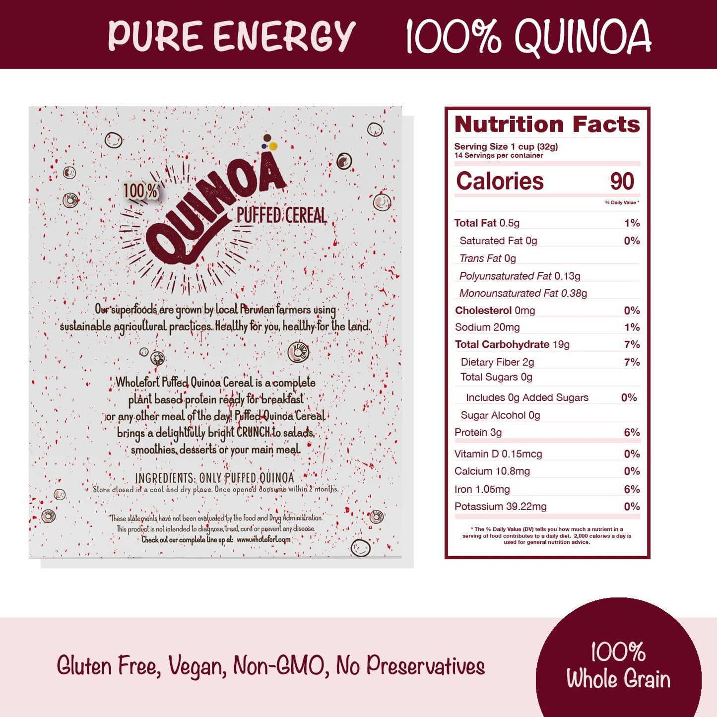 Puffed Quinoa Cereal + Nothing - Vegan - Gluten Free - Non-GMO - [1 LB] Try Quinoa Pops as Snacks - Cereal - Salad Topper for Su