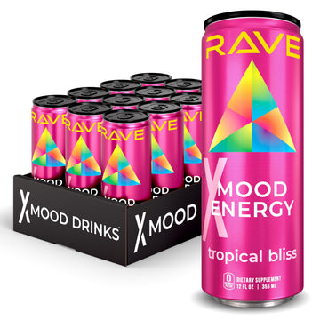 X Mood Energy RAVE Mood Energy Drink with Functional Mushrooms, Nootropics, 225mg Caffeine, 12 fl oz – 12 Pack, Tropical Bliss Flavor