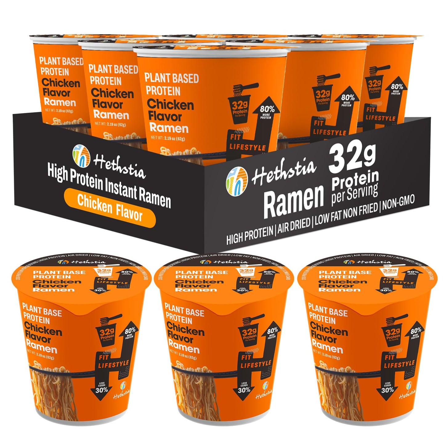 Hethstia Protein Ramen, Chicken Flavor Pre-Packaged Ramen Soup Cup, 6-Pack Instant High-Protein Noodles with 32g Plant Protein, 