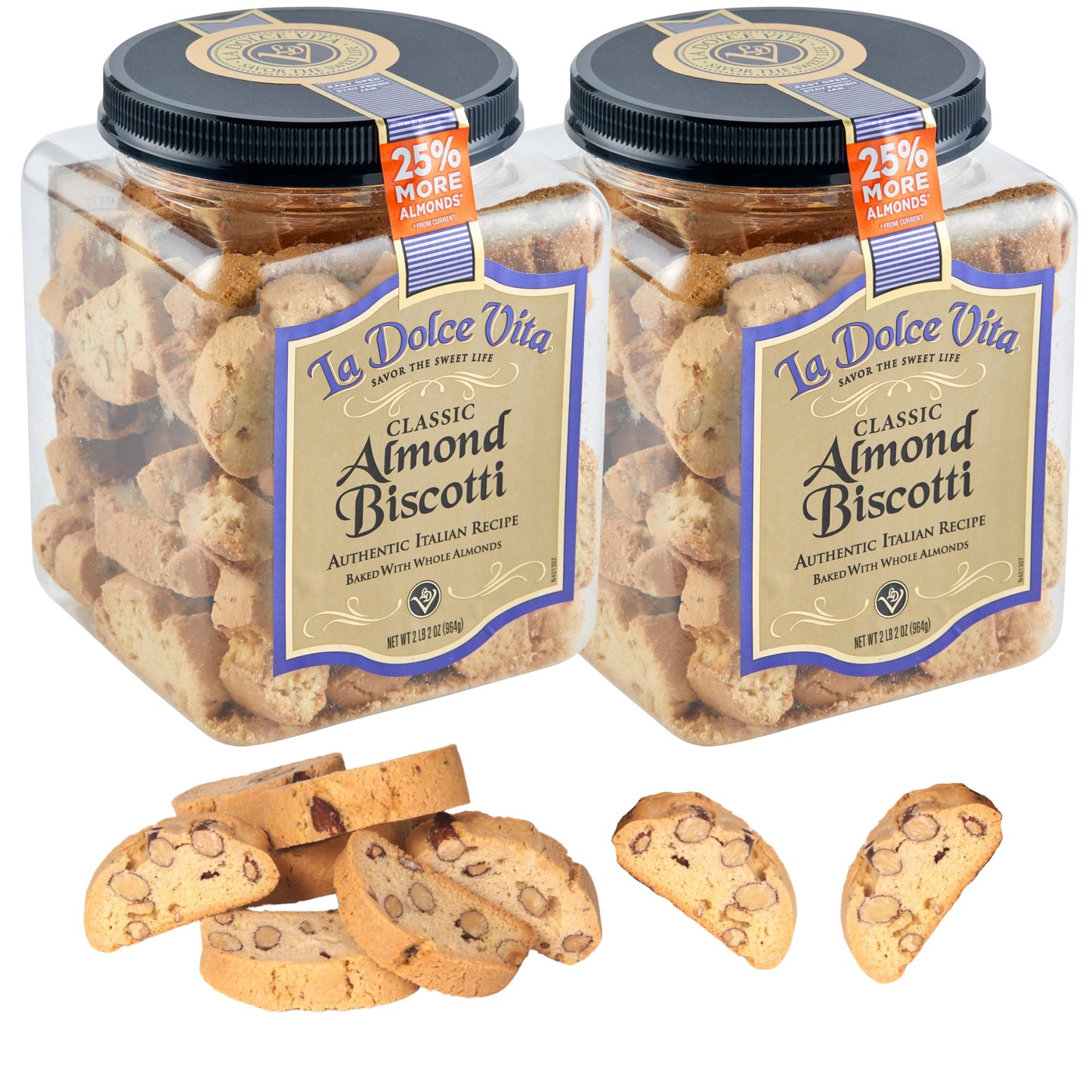 Nonnis La Dolce Vita Almond Biscotti - 2 Tubs - 34Oz Of Biscotti Italian Cookies - Italian Biscotti Cookies - Biscotti Jar - Biscotti Packed W/California Whole Almonds - Perfect W/Coffee - Kosher