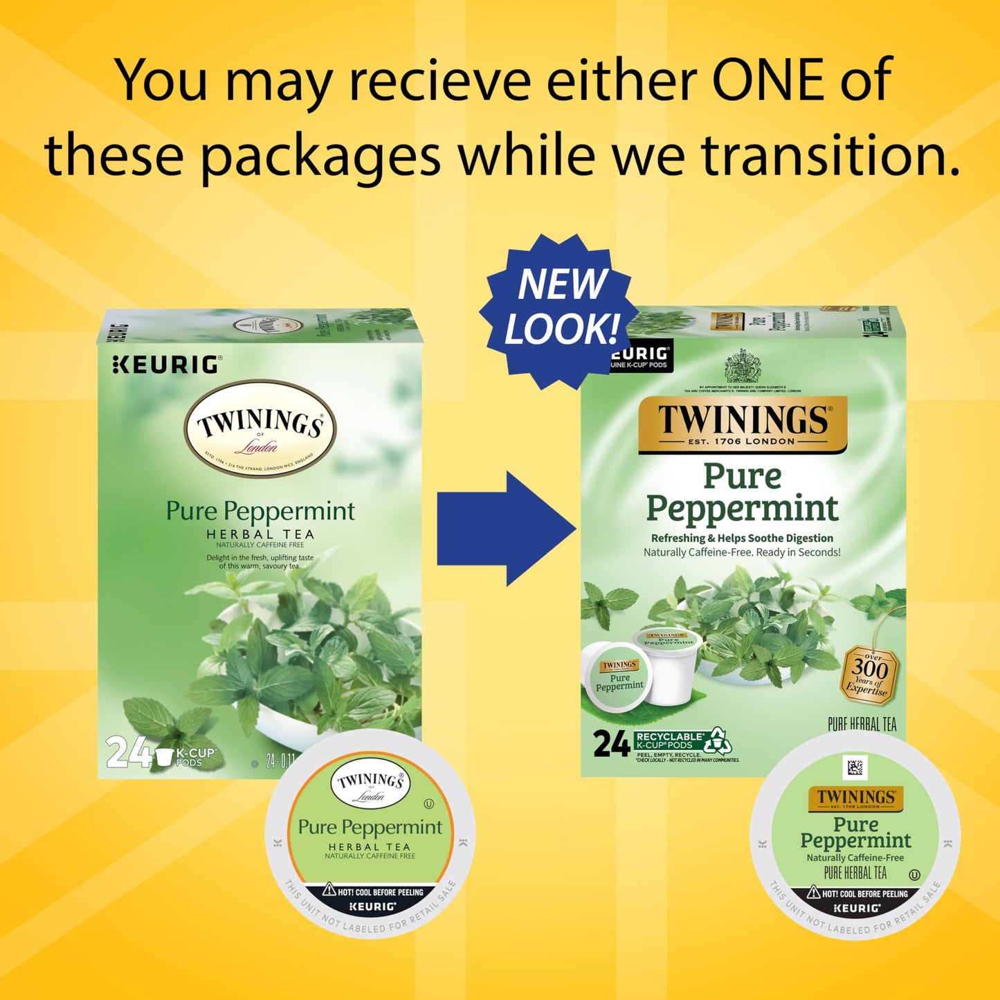 Twinings Pure Peppermint Tea K-Cup Pods, Naturally Caffeine Free, 72 Count, Compatible with Keurig, Model TWI-002