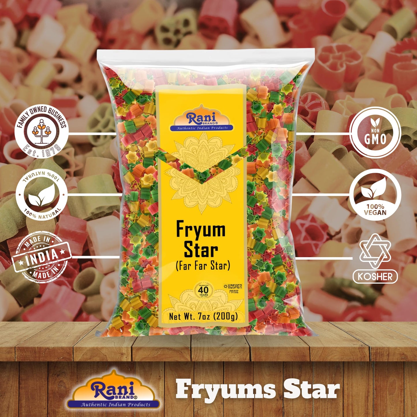 Rani Fryums Star Shape 7oz (200g) - Vegan, Kosher, Uncooked Wheat & Tapioca Snack