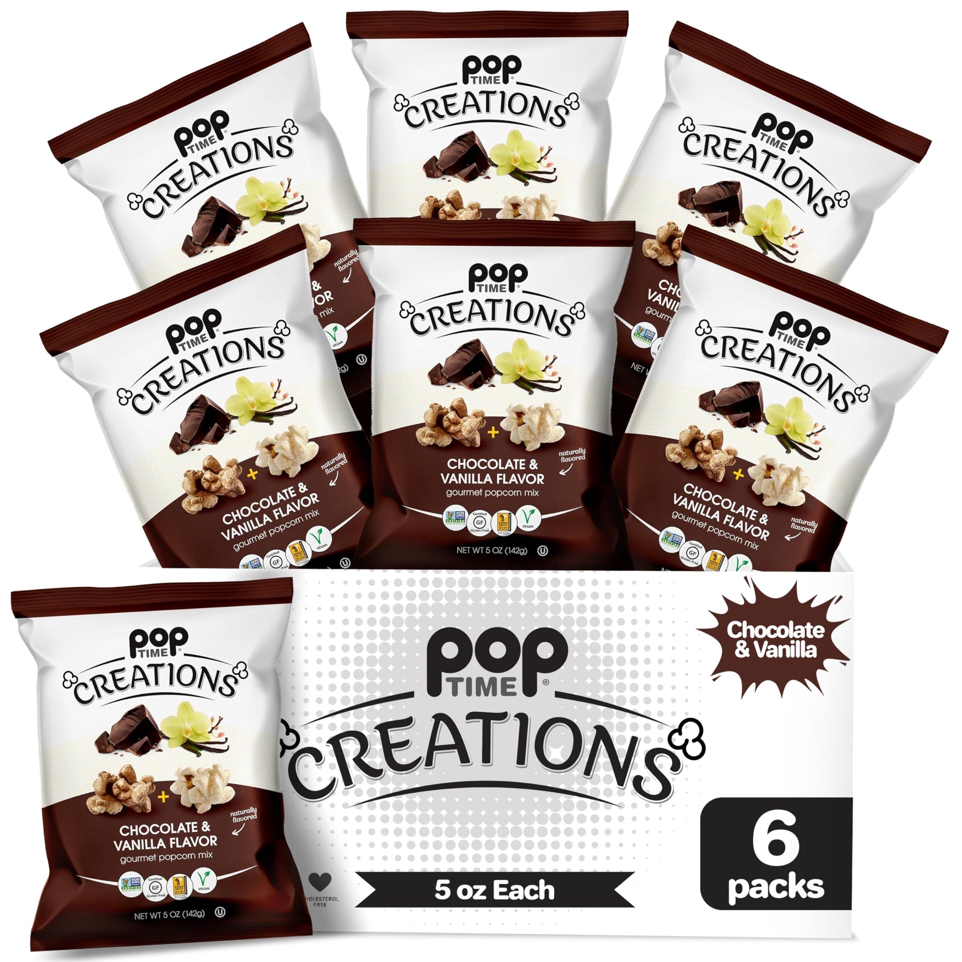 Poptime Creations Popcorn Snacks - Chocolate & Vanilla Flavored Popcorn - 5 Oz Bags - 6 Count - Whole Grain, Non-Gmo, Gluten & D