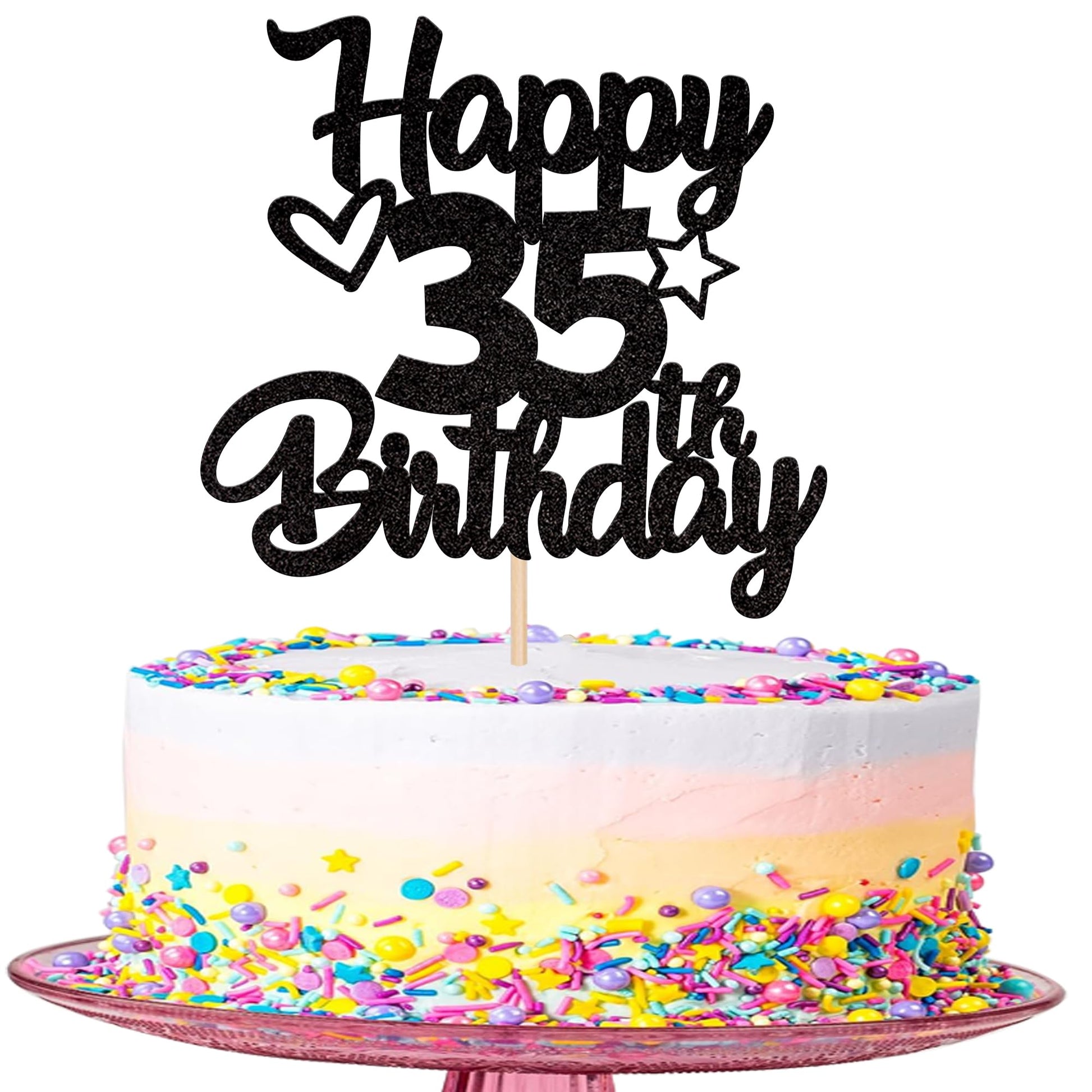 YCTHUNFISH 35th Birthday Cake Topper Glitter Heart Star Black Bamboo Decoration