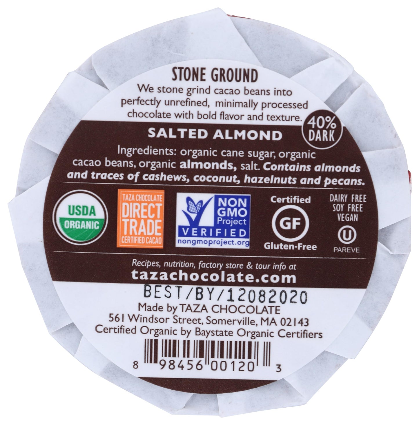 Taza Chocolate Organic Mexicano Disc 40% Dark Chocolate, Salted Almond, 2.7 Ounce (1 Count), Vegan