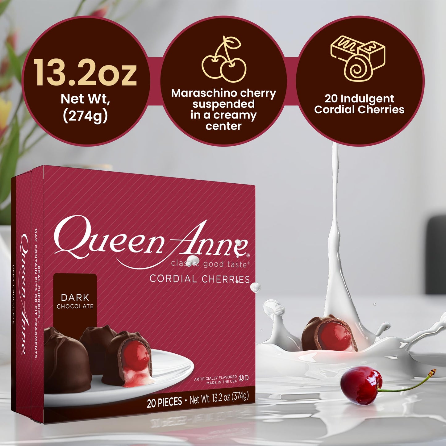 Queen Anne Dark Chocolate Covered Cordial Cherries | 13.2 Oz | 20 Piece Gift Box | Whole Maraschino Cherry Creamy Filled Liquid