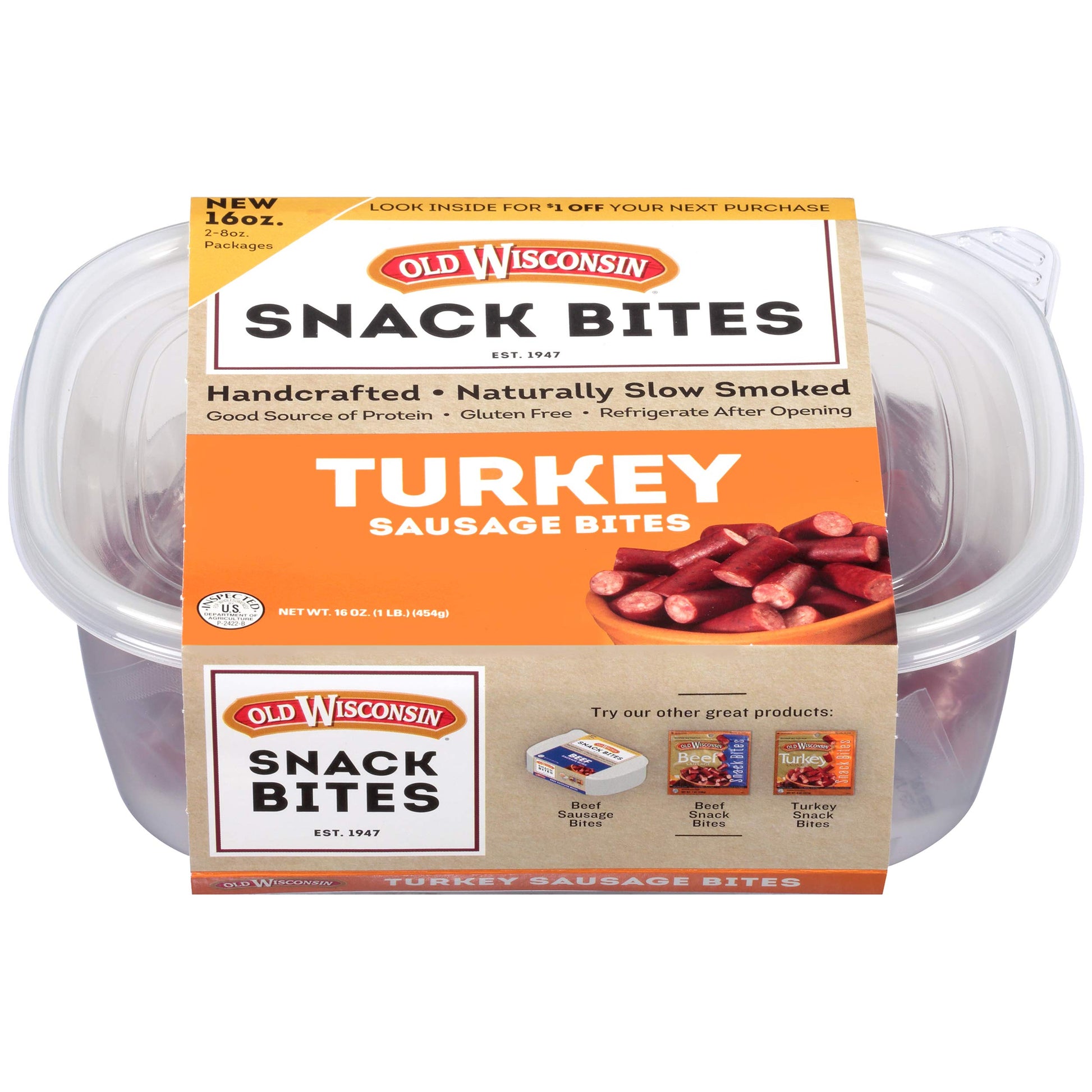 Old Wisconsin Turkey Sausage Snack Bites, High Protein, Low Carb, Keto, 16 Ounce Resealable Tub