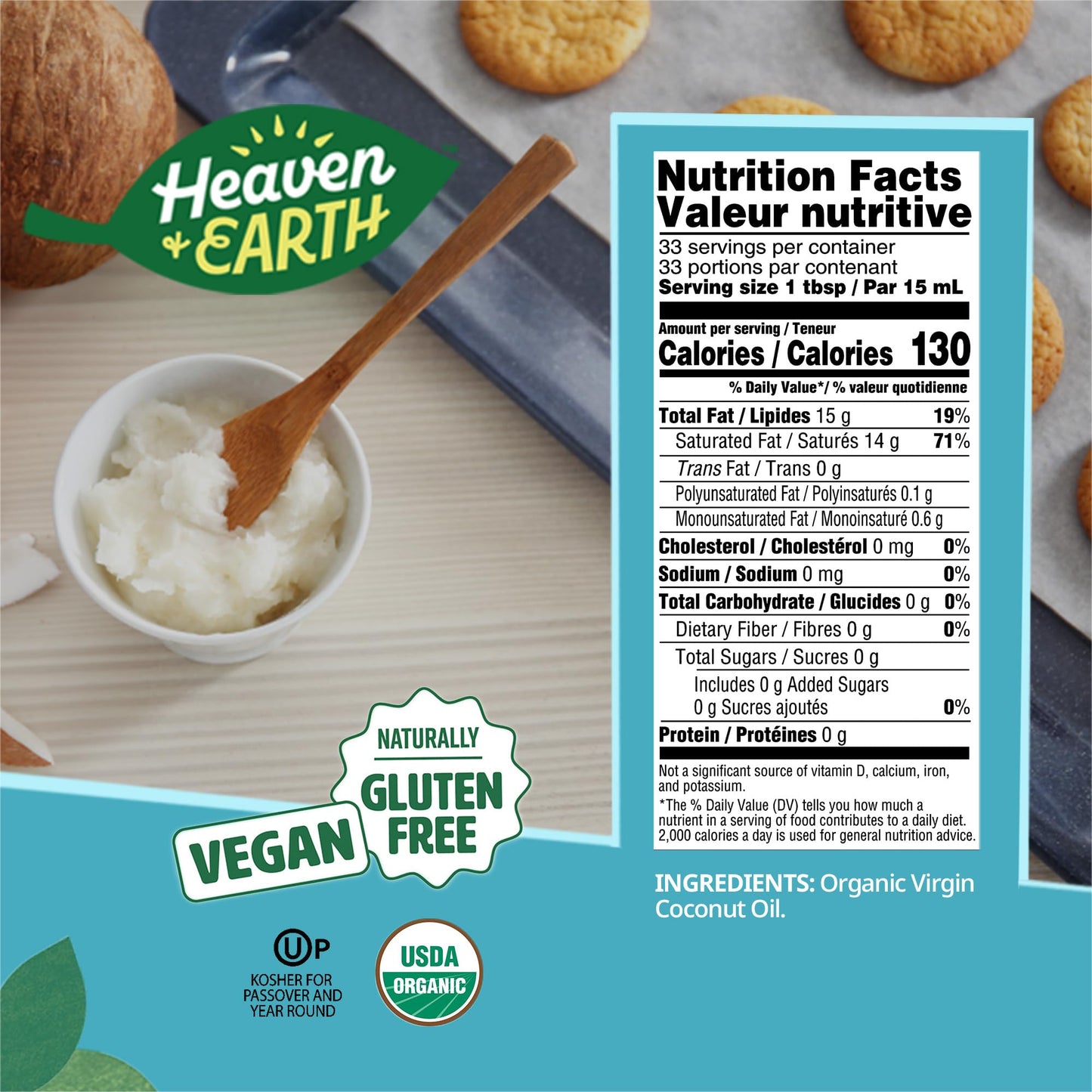 Heaven & Earth Organic Unrefined Virgin Coconut Oil, 16oz Glass Jar, Cold Pressed for Cooking, Hair & Skin, Kosher