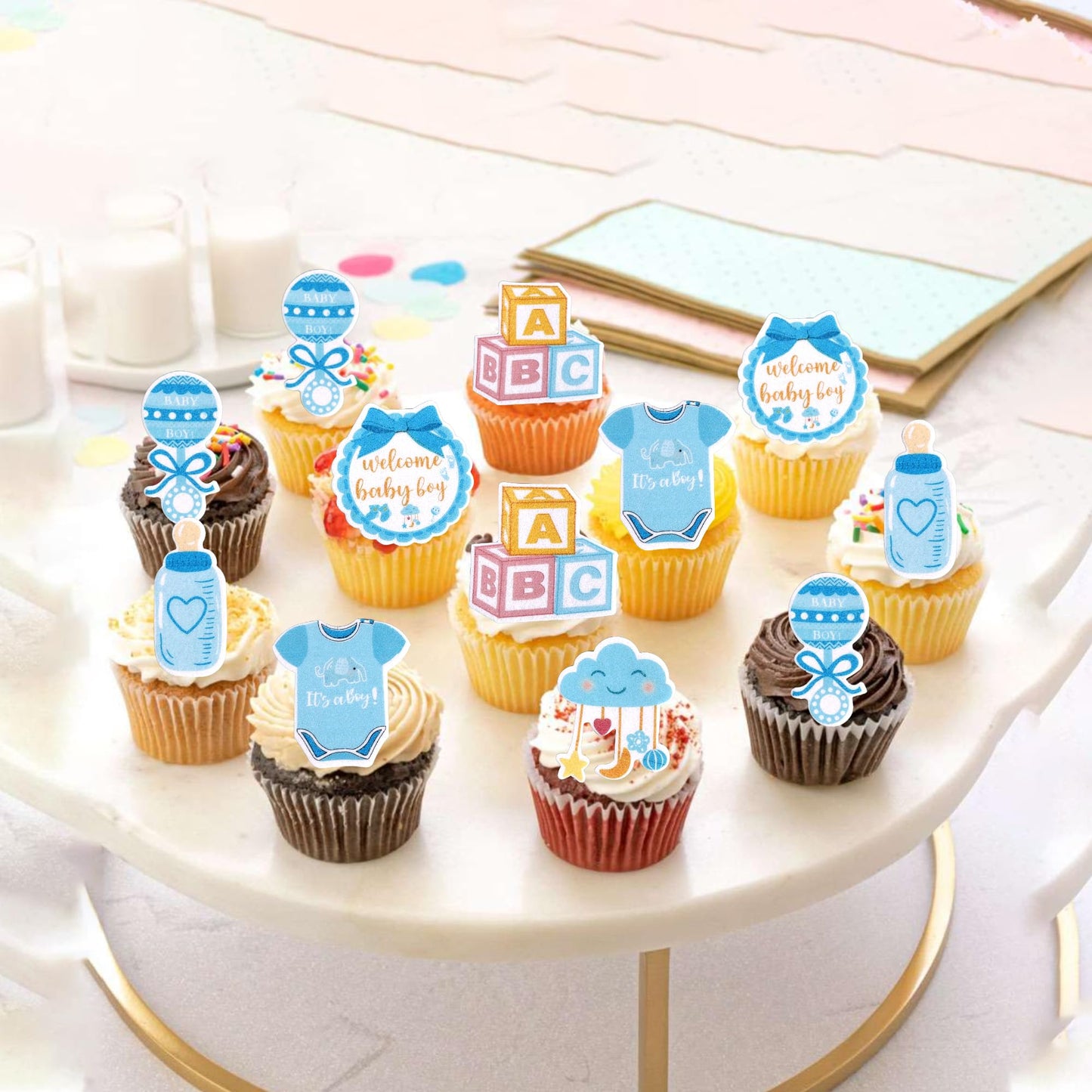 60 Pcs Edible Oh Baby Cupcake Toppers Pacifier Cloud Moon Star Welcome Baby Boy Cupcake Picks Edible Baby Shower It'S A Boy Cake