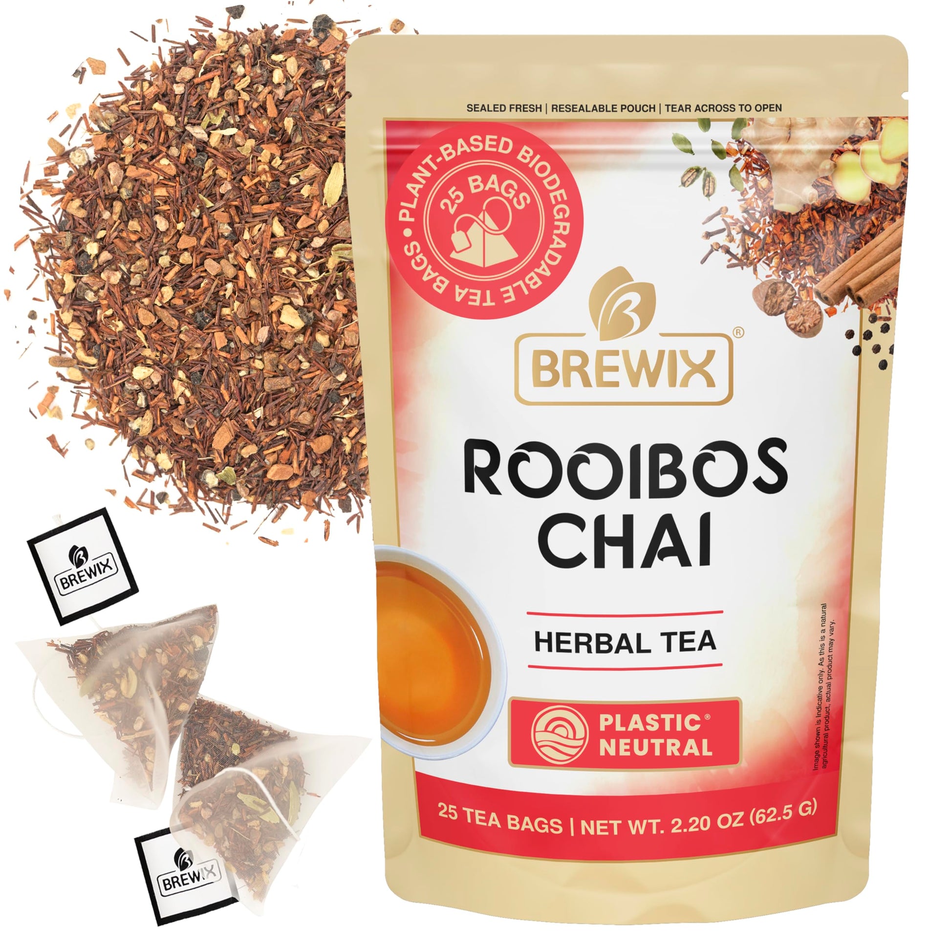 BREWIX Rooibos Chai Tea Bags, Caffeine-Free Herbal Tea, 25 Pyramid Bags