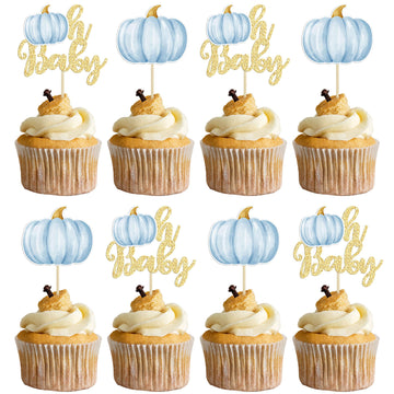 Gyufise 24Pcs Pumpkin Oh Baby Cupcake Toppers Blue Fall Pumpkin Cupcake Picks Baby Shower Cake Decorations Pumpkin Themed Baby S