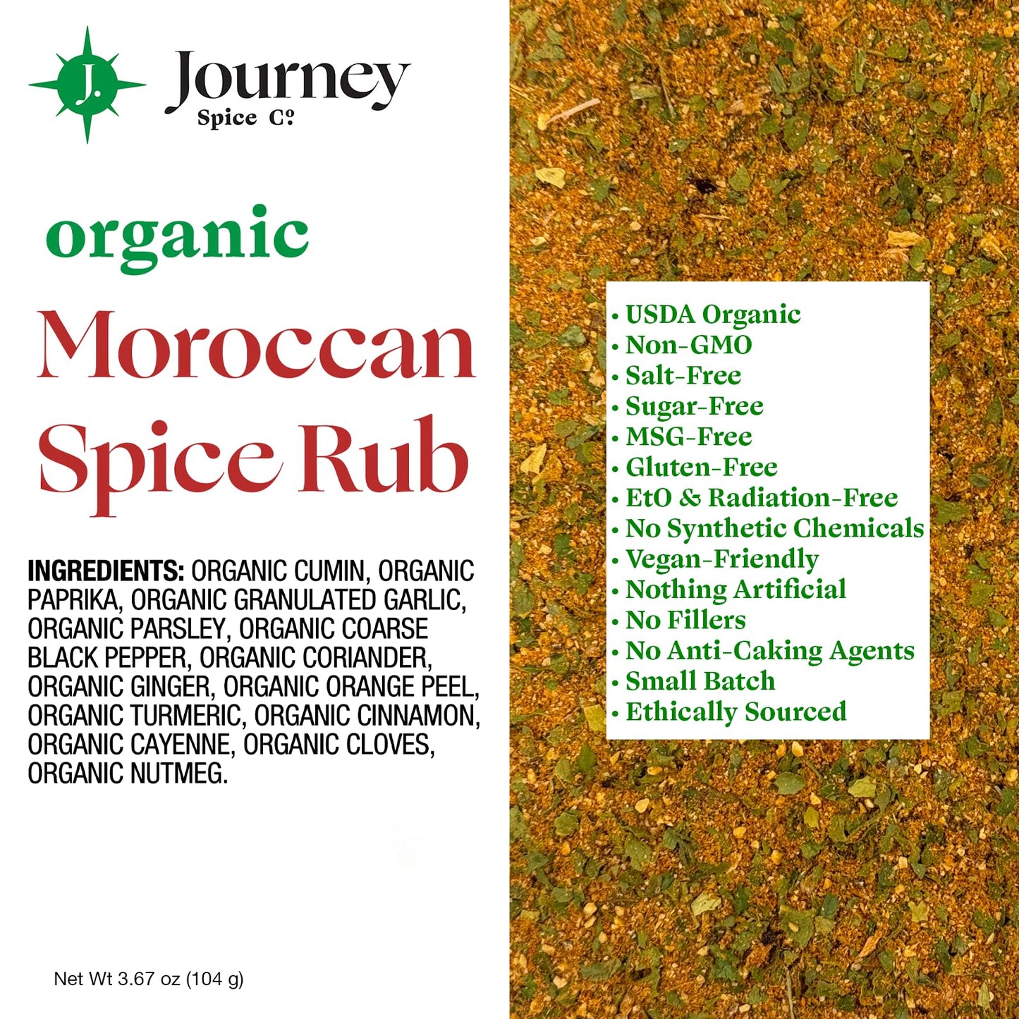 Organic Moroccan Spice Rub By Journey Spice Co. | Salt-Free, Sugar-Free, Msg-Free, Non-Gmo | Natural Mediterranean Seasoning Ble