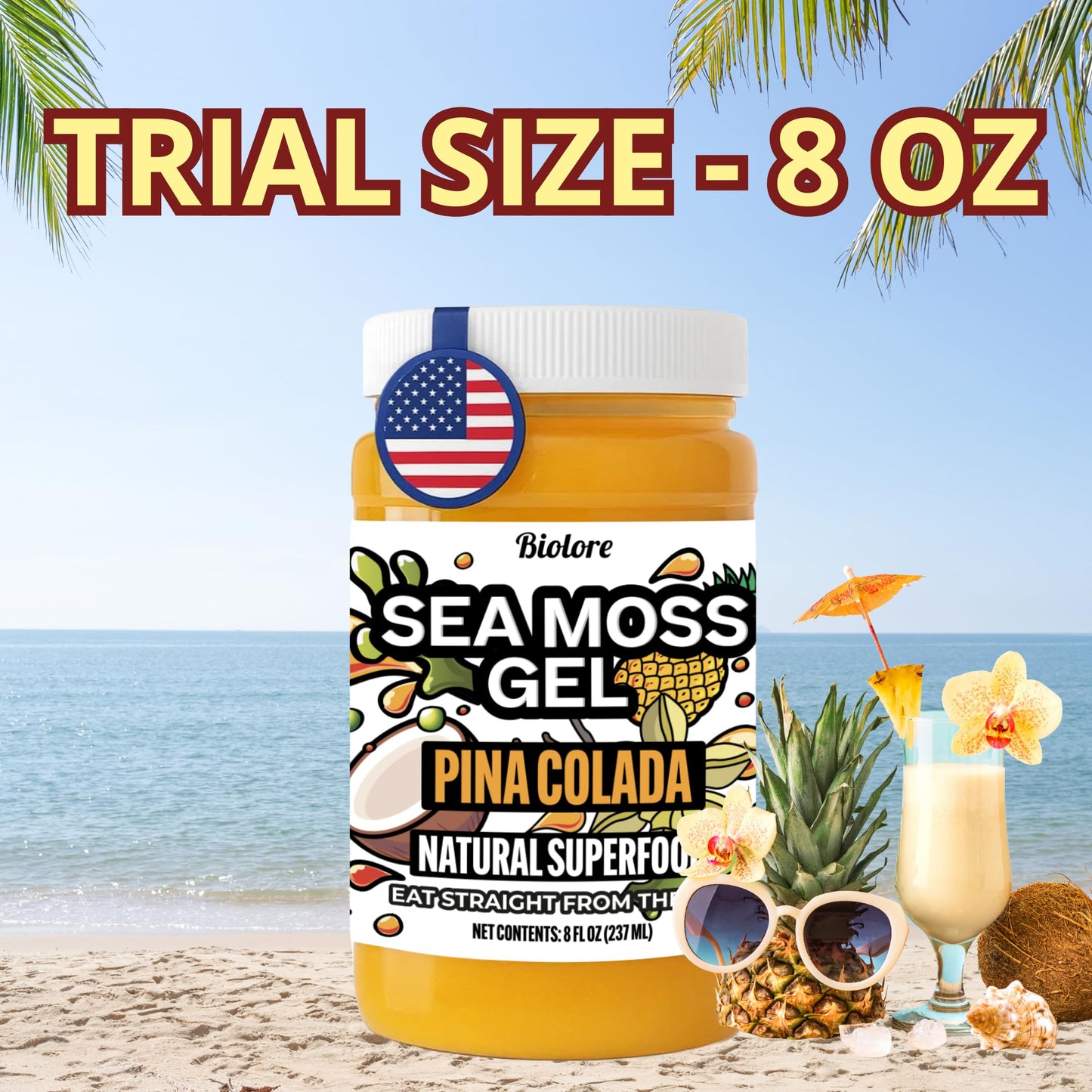 Biolore Sea Moss Gel Pina Colada Made in USA Raw Wildcrafted Irish Seamoss Essential Vitamins Trace Minerals Vegan Superfood, Ja