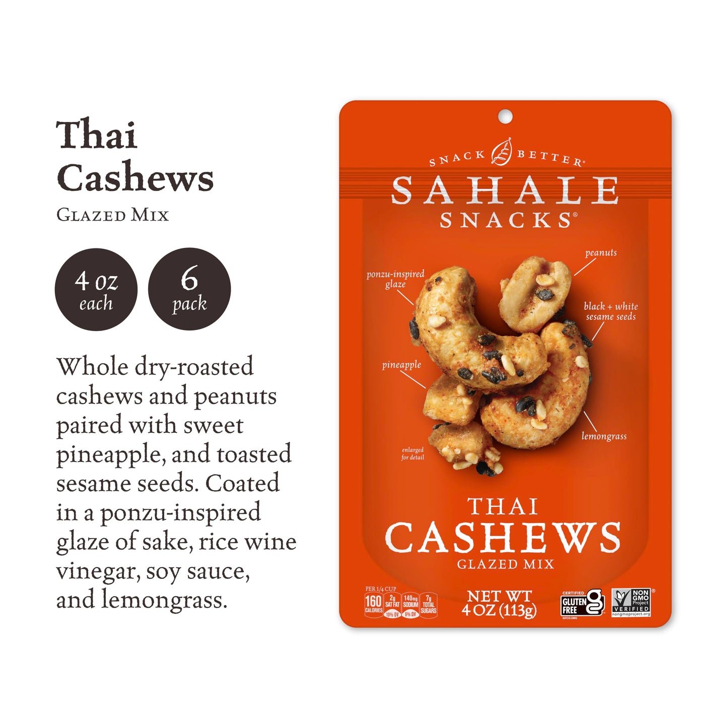 Sahale Snacks Thai Cashews Glazed Mix, 4 Ounce Pack of 6, Model 00270692