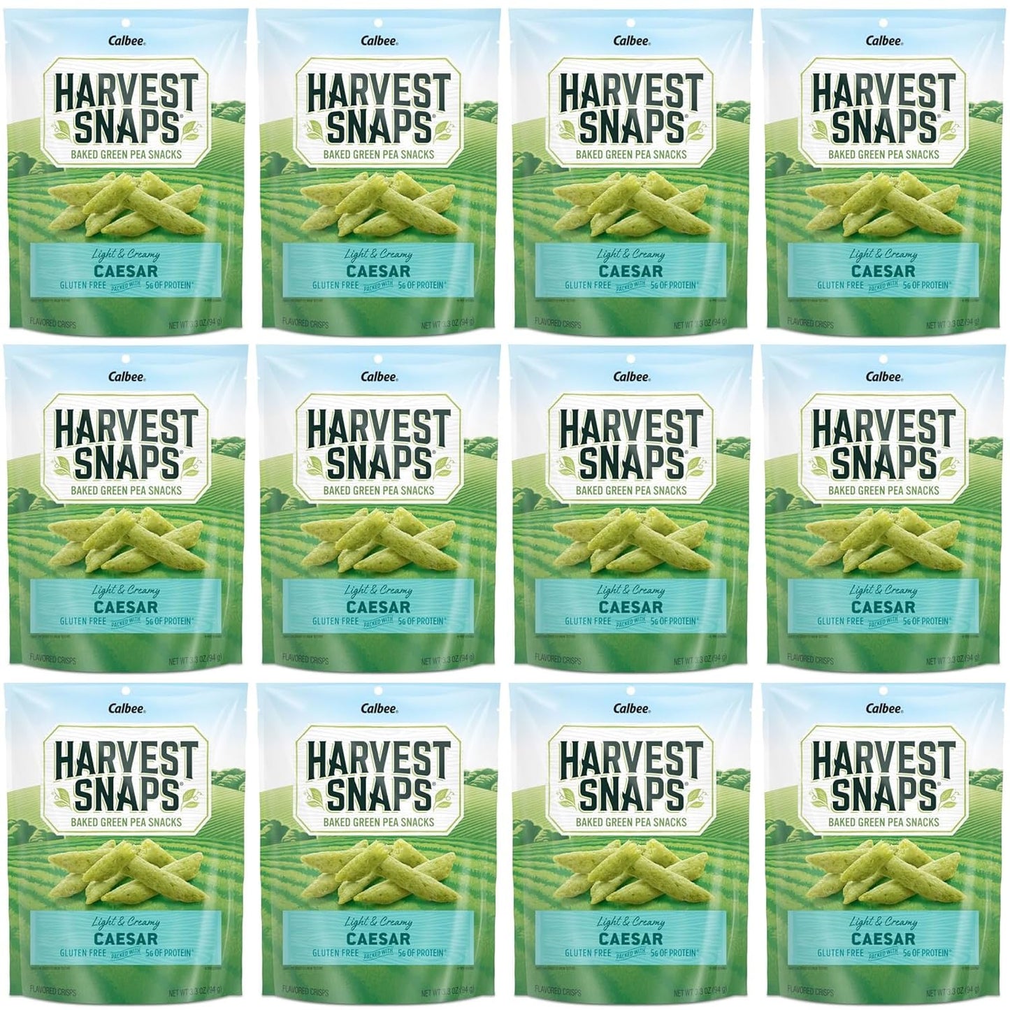 Harvest Snaps Green Pea Snack Crisps Caesar, 3.3 oz (Pack of 12). Plant-based | Baked, never fried | Certified Gluten-Free (Pack