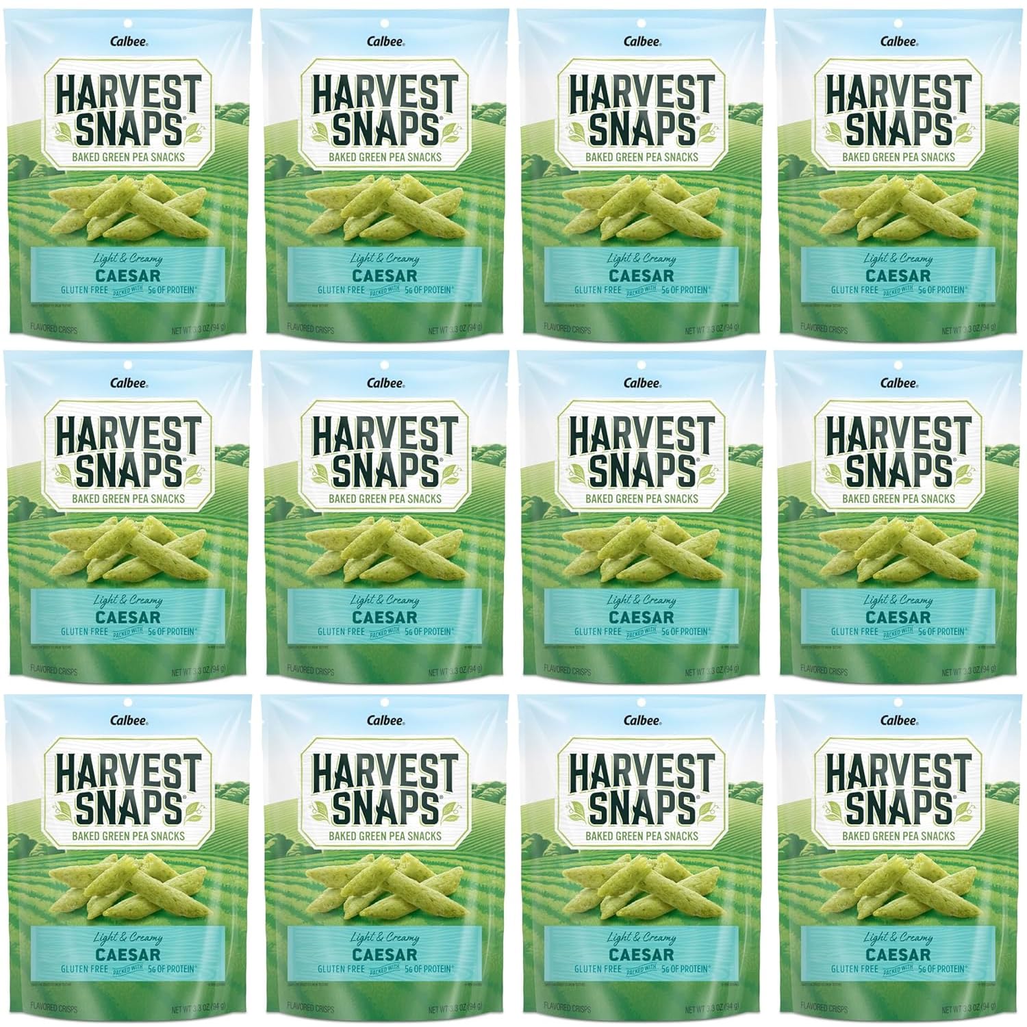 Harvest Snaps Green Pea Snack Crisps Caesar, 3.3 oz (Pack of 12). Plant-based | Baked, never fried | Certified Gluten-Free (Pack