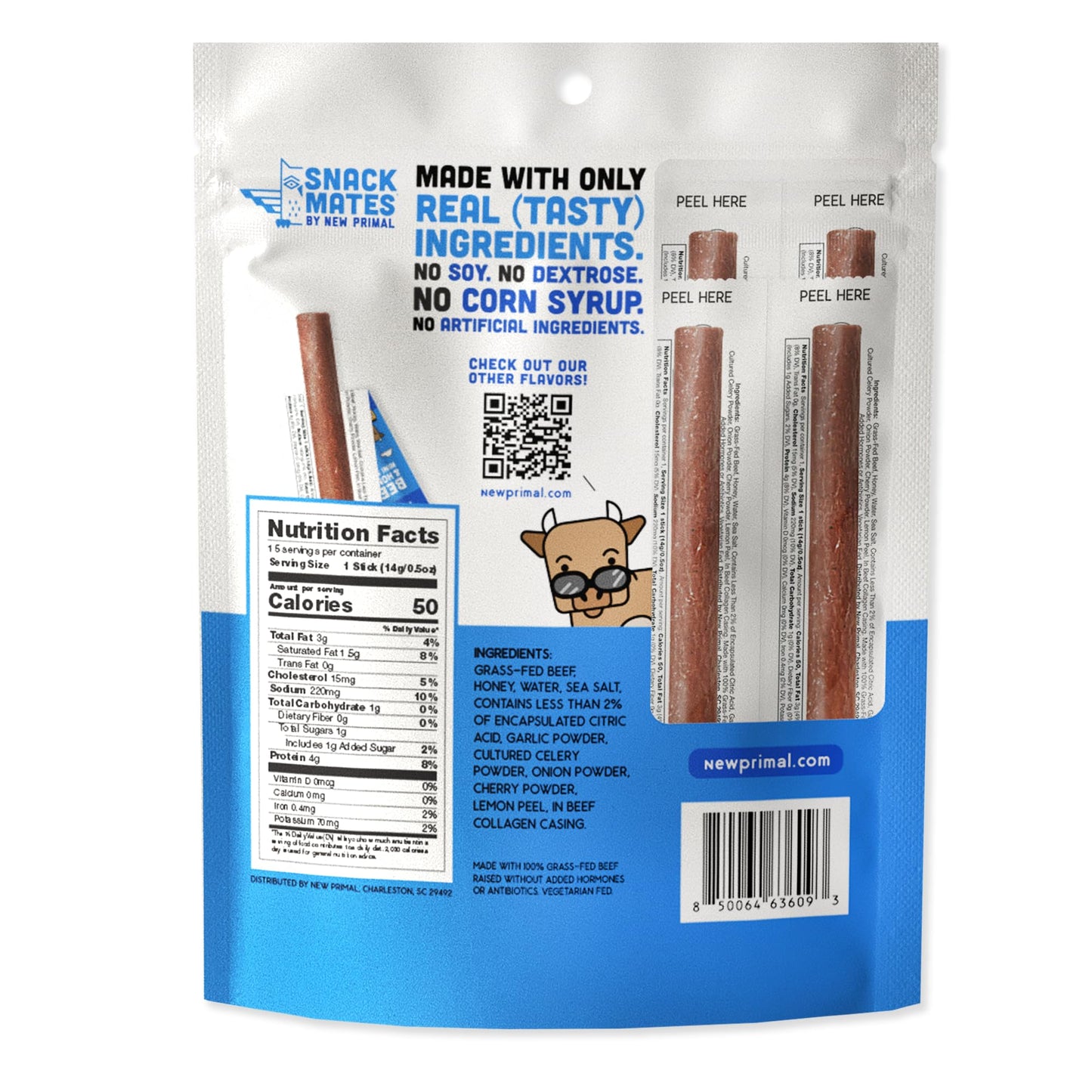 New Primal Snack Mates Beef & Honey Sticks  Healthy Snacks for Kids  Low Sugar High Protein Back to School Snacks  Gluten Free  Mini Jerky Meat Stick  4g Protein  50 Calories  15 Pack