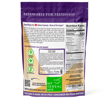 Mycerealmix Sugar Free Granola Double Chocolate Chip - Vegan, Gluten Free Breakfast Cereal - No Artificial Sweeteners - Naturall