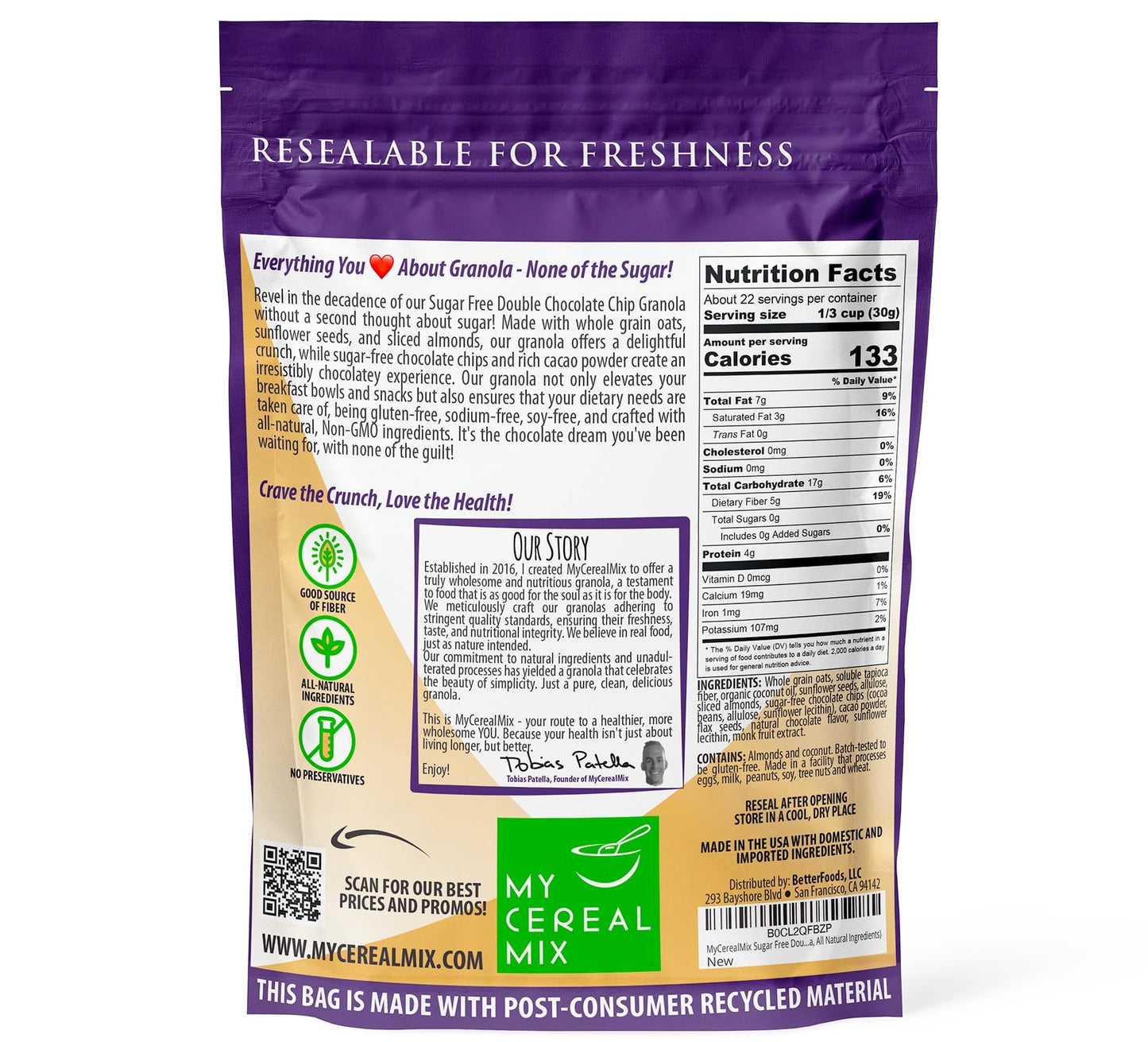 Mycerealmix Sugar Free Double Chocolate Chip Granola - 4 Pack (96Oz Total) - Vegan, Gluten Free - Blood Sugar Friendly Breakfast