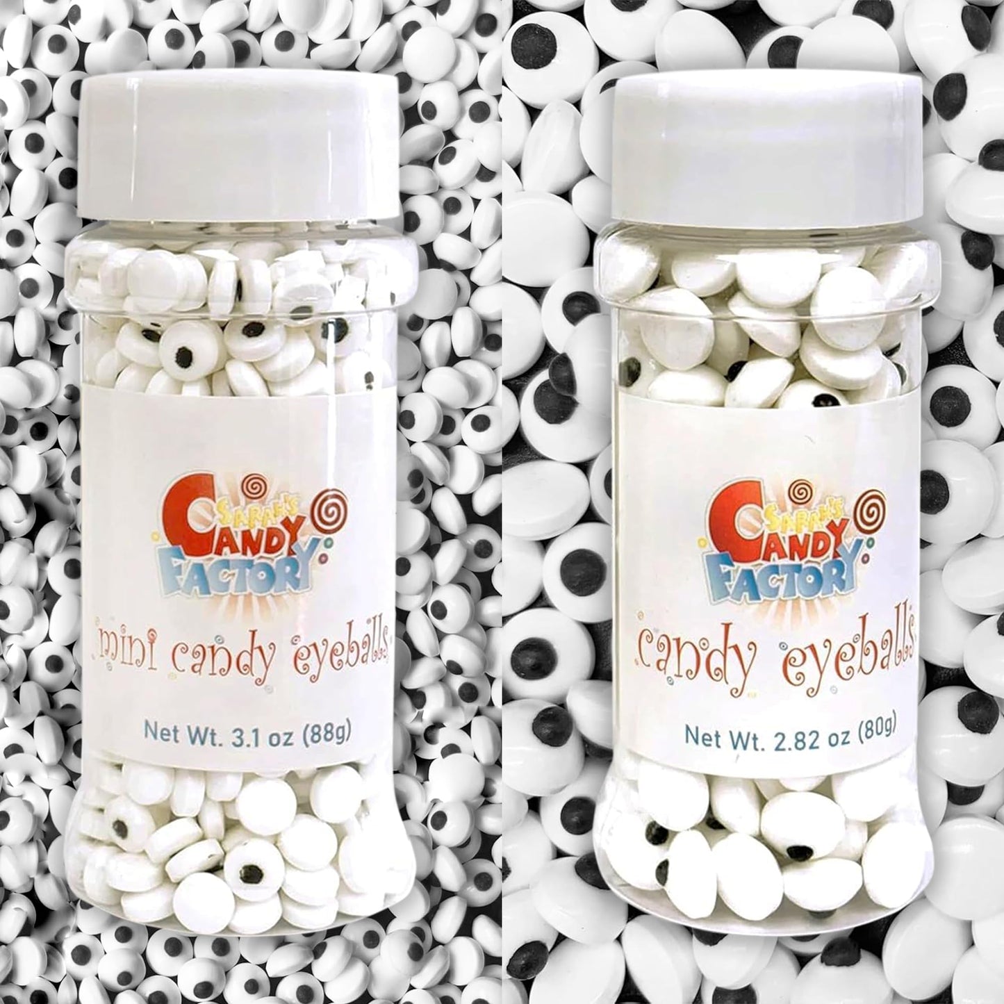 Sarah's Candy Factory Edible Candy Eyeballs - Medium (0.4 inches, 2.82 oz) and Mini (0.3 inches, 3.1 oz) Sizes - Cupcake Toppers