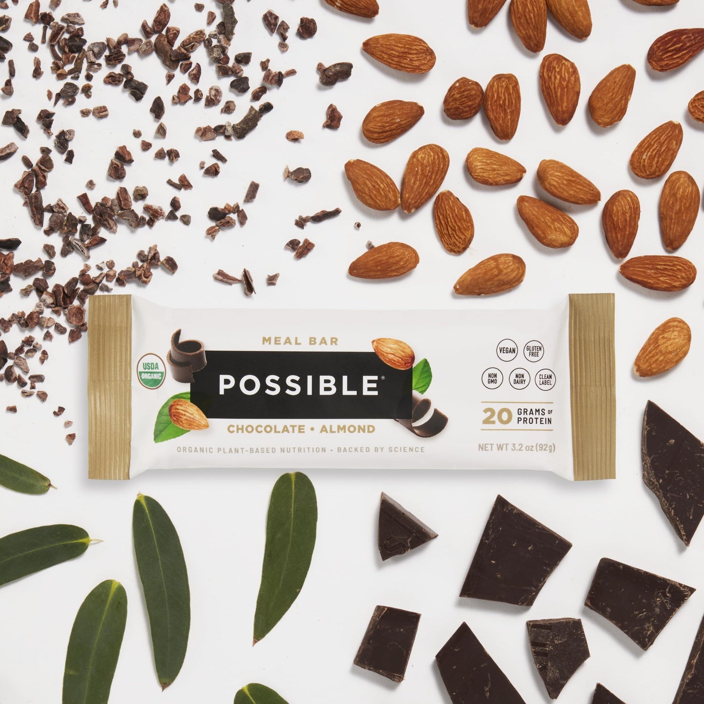 Possible High Protein Meal Bar - Vegan, Gluten-Free, USDA Organic - 20g Plant-Based Protein - 1 Box, 10 Bars - Chocolate Almond