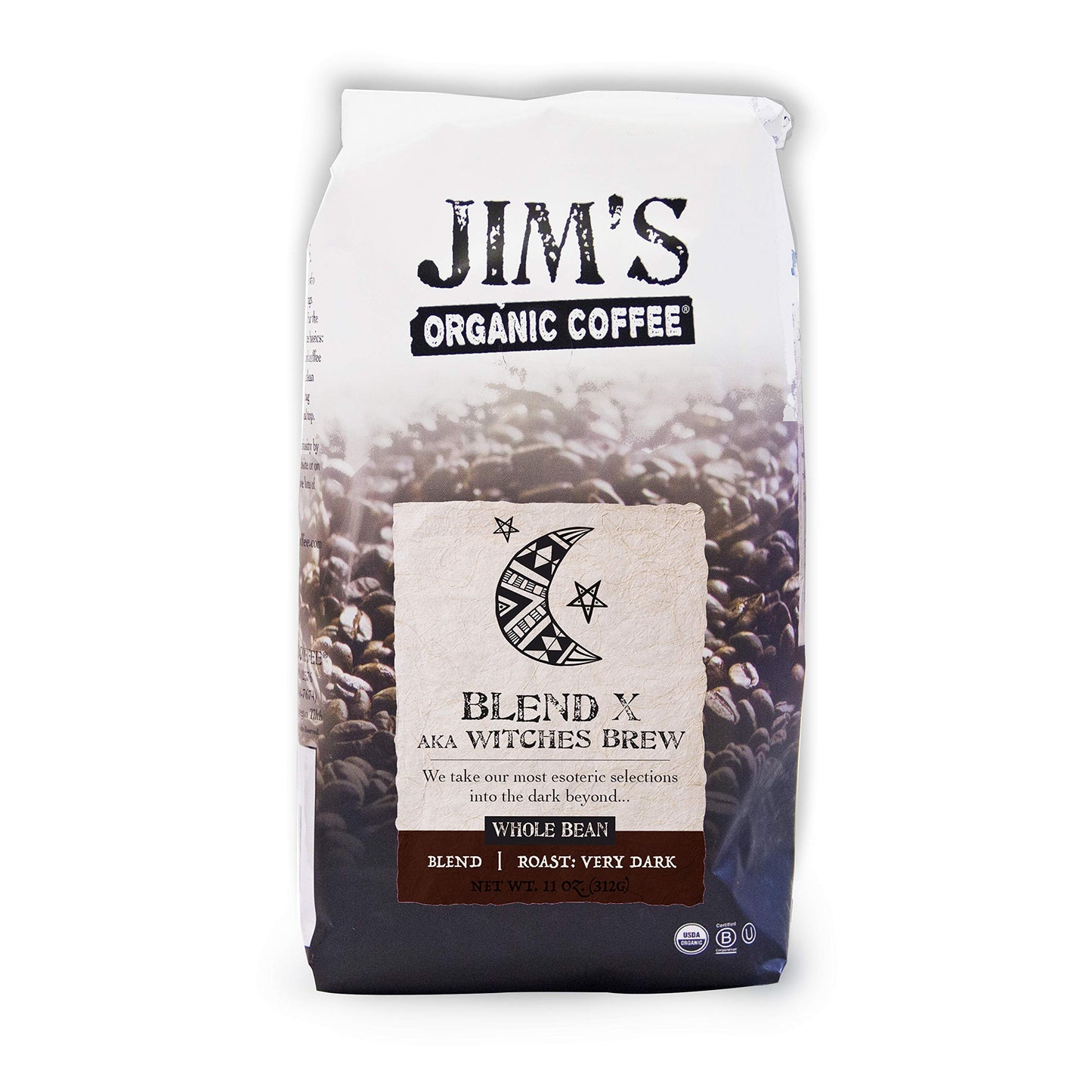 Jims Organic Coffee Whole Bean Very Dark Roast 100% Arabica 11oz USDA Organic