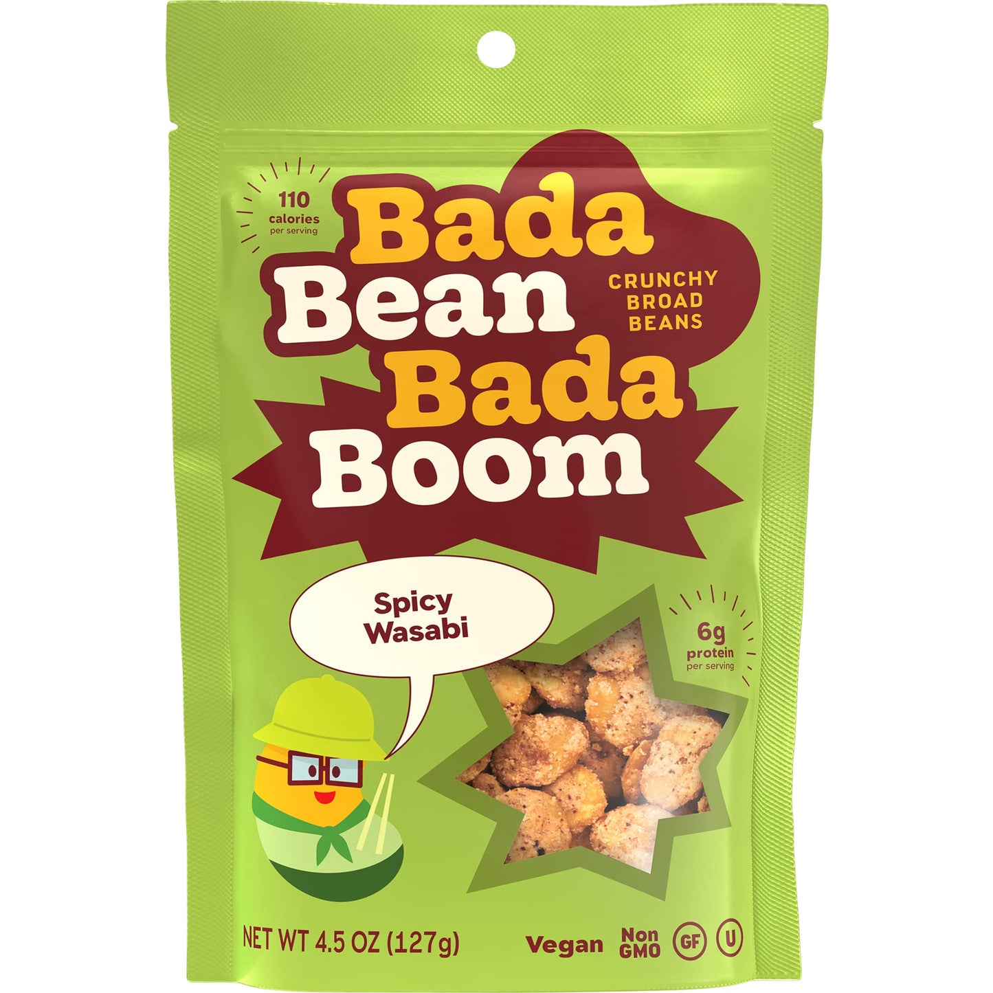 Bada Bean Bada Boom Plant-Based Protein, Gluten Free, Vegan, Soy Free, Kosher, Roasted Broad Fava Bean Snacks, Wasabi, 4.5 Ounce